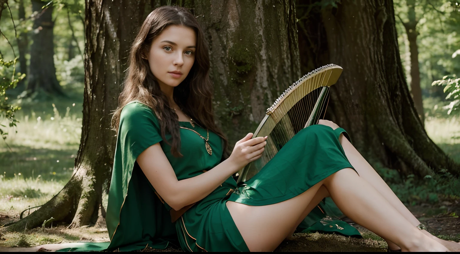 Manage an image of a Celtic person, female, about 25 years old. The person should have long, wavy brown hair, green eyes and fair skin. She should be wearing traditional Celtic clothes, such as a long dress and a cape. She should be sitting on a tree trunk, with a harp in her lap. The scene should be a Celtic forest, with tall trees and green leaves.