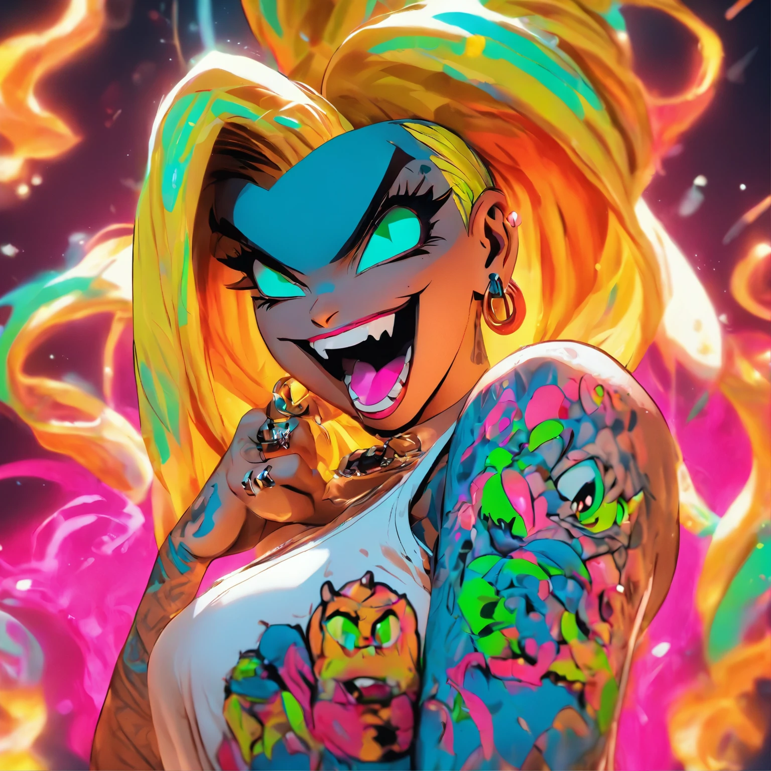 Monster Girl, Full Slime Body, Neon colors, Crazy laughter, Move ki, Alafed woman with tattoos and piercings posing in white shirt, Bombshell, gorgeous woman, Cardi B, in a white shirt, Fully tattooed body, gorgeous woman, Official Product Pictures, Better known as Amouranth, gorgeous beautiful woman, tattooed body, full product shot, amouranth, dressed in a white t-shirt, beautiful model