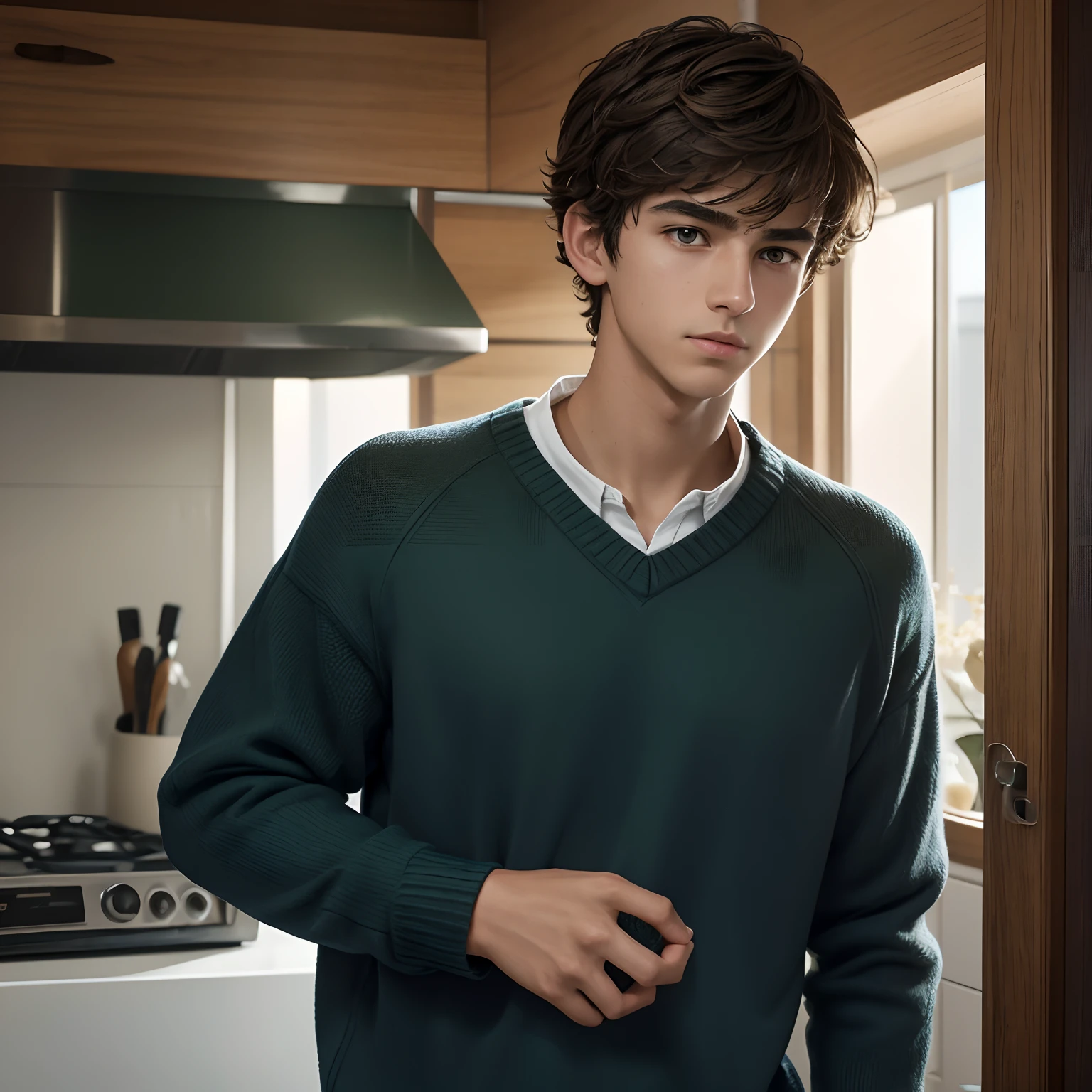 One 16 yr old boy. White-olive skin, brown eyes. Clothing: Navy blue knit sweater with a green cotton collared shirt underneath, giving an appearance of normalcy in an abnormal environment. Hair: Tousled hair that is beginning to get wavy and messy, reaching around his ears. Presence: Oliver's hair and clothing suggest a casual, unaffected appearance. He is portrayed as someone trying to maintain a sense of normality amidst captivity. Scars: A spiral scar on his right shoulder blade, a remnant of a branding process.
