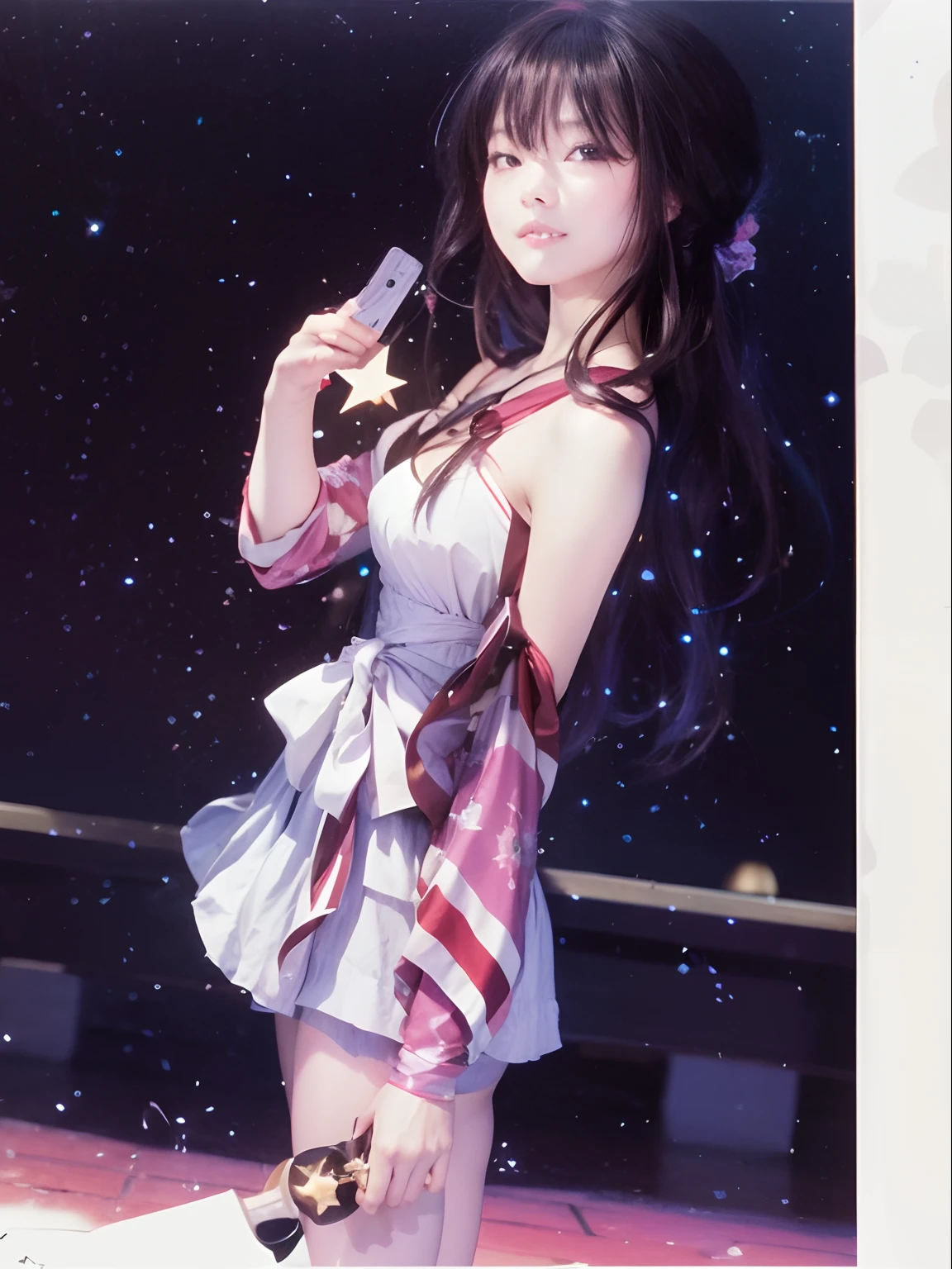 (Best quality, 8k, 32k, Masterpiece, UHD:1.2), Photo of Pretty Japanese woman, large breasts, very short bob hair, Black Hair, portrait, stars, sparkle