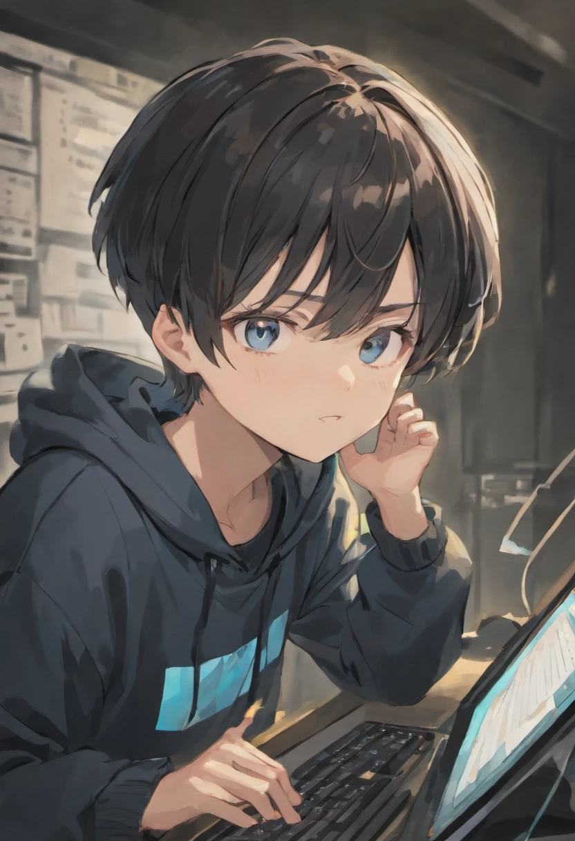 Upper body only shots, Black short hair,Focus on his upper body. He wears a white sweatshirt with blue stripes, White cap, Black shorts, Happy look、((I have a computer:1.4))