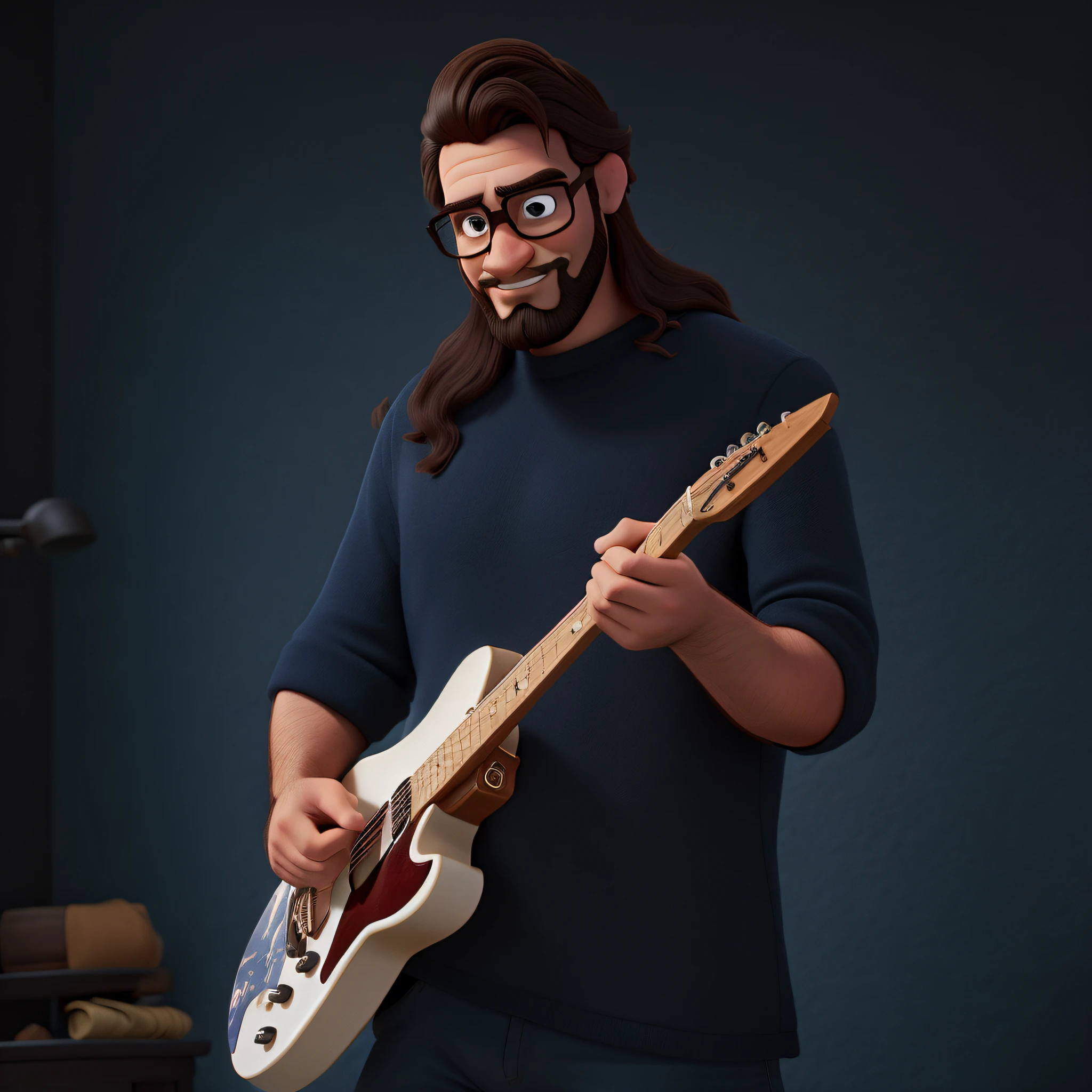 Um homem de cabelo castanho escuro comprido e barba cavanhaque preta estilo disney pixar, alta qualidade, melhor qualidade