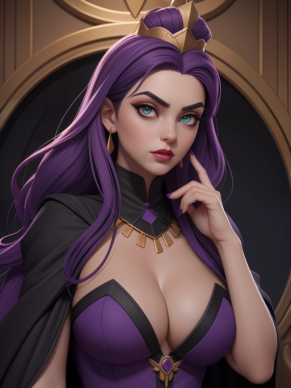 Queen Grimhilde is characterized by her large black cape, her purple tunic tied at the waist, a large golden crown and her large white collar. She also has her hair hidden in a black cloak that ends in the shape of a beak on her head. forehead. The queen has angular eyebrows that give an air of seriousness or permanent fury, while at the same time making her green eyes stand out, which have purple makeup and her red lips.