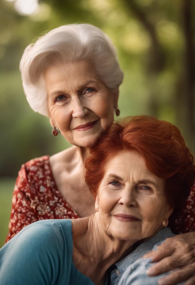 Grandmother, matriarch, beautiful, short red hairgrandson, handsome. Selfie, arm around one another.