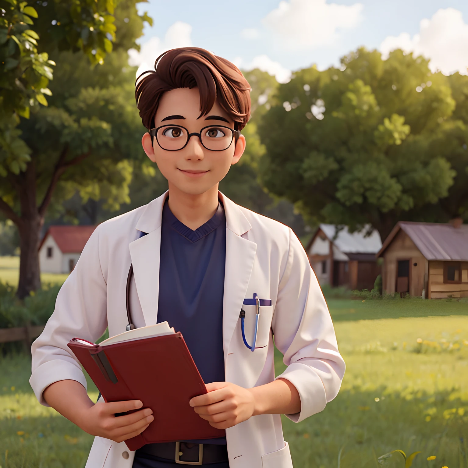 man doctor in rural area, brown eyes, glasses, happy