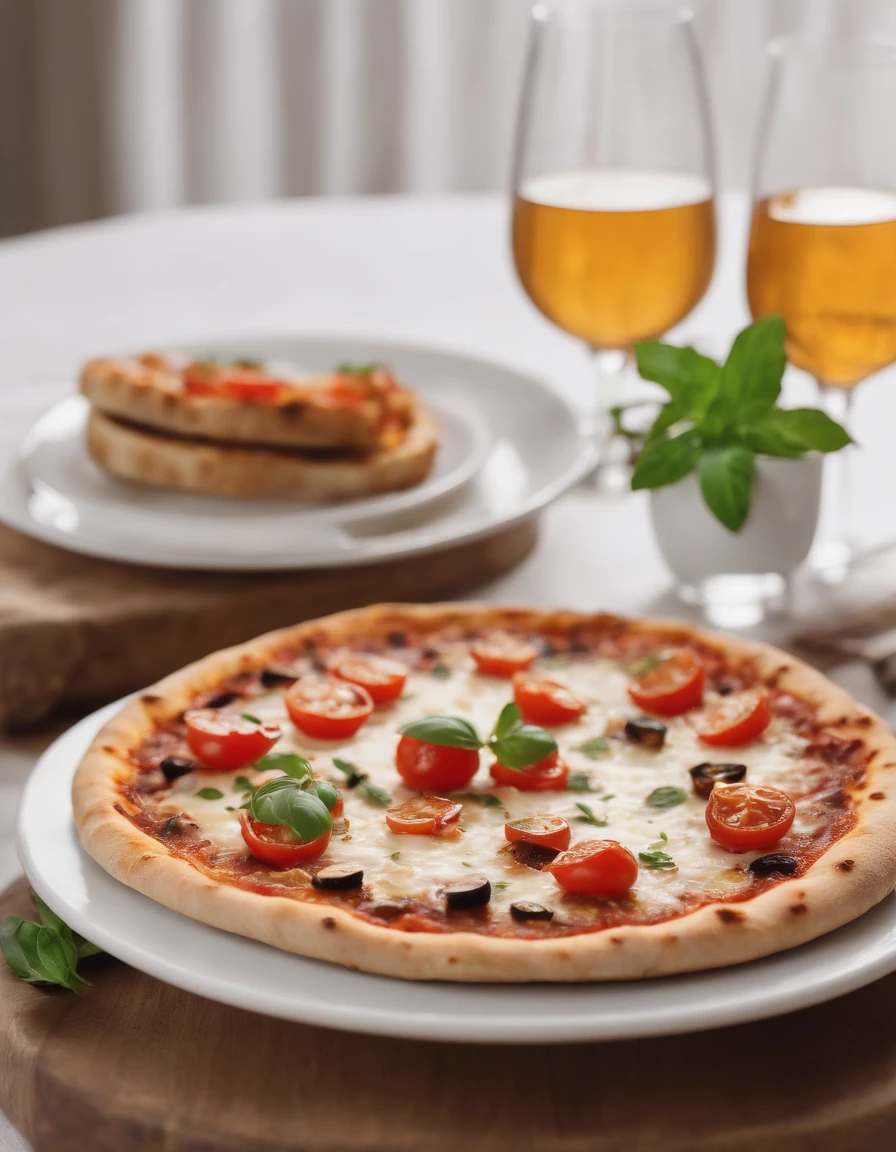 A crisp dish with Roasted Eggplant Pizza with Cherry Tomato Sauce, cogumelos, peppers and grated cheese, decorado com cebolinha, em uma mesa bonita e decorada, fundo natural, Summer day, clima quente, alto detalhe, alto brilho, detalhes excessivos, surrealismo, luz suave, studio illumination, luz suave difusa, profundidade de campo rasa, foco nítido, efeito bokeke, rastreamento de luz, espalhamento subsuperficial, luz suave complexa, luz suave difusa, Highly detailed glass reflection, ultrafino (ultrafino), ultrafino) (fino, ultradetalhado), cinemactic, surrealismo, hardware, melhor qualidade, ultra-high-resolution (fotorrealista: 1.4), alta resolução, detalhe, fotografia bruta, clear reproduction, 4 cameras kodak portra 400 stock, lente f1.6, textura realista, spectacular lighting, cinemas up to 800