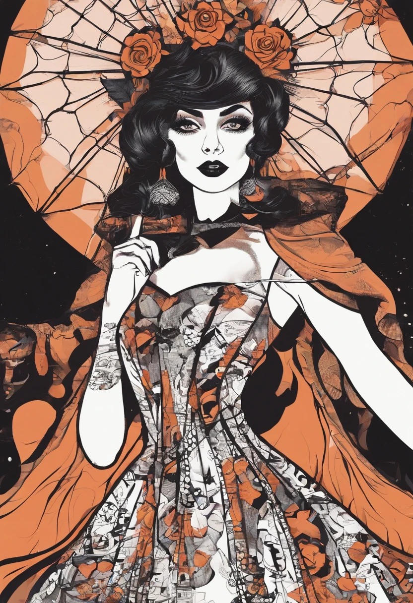 Menina em uma fantasia de Halloween com teias de aranha em seu rosto, Em um estilo de Halloween, Retrato de uma jovem bruxa, menina bruxa, dia das bruxas, vestindo roupas pretas e capa, em um vestido extravagante, pose assustadora, goth girl, olhar assustador, Retrato de uma jovem bruxa, usando um vestido extravagante, com uma longa capa preta, com capa, 5 anos