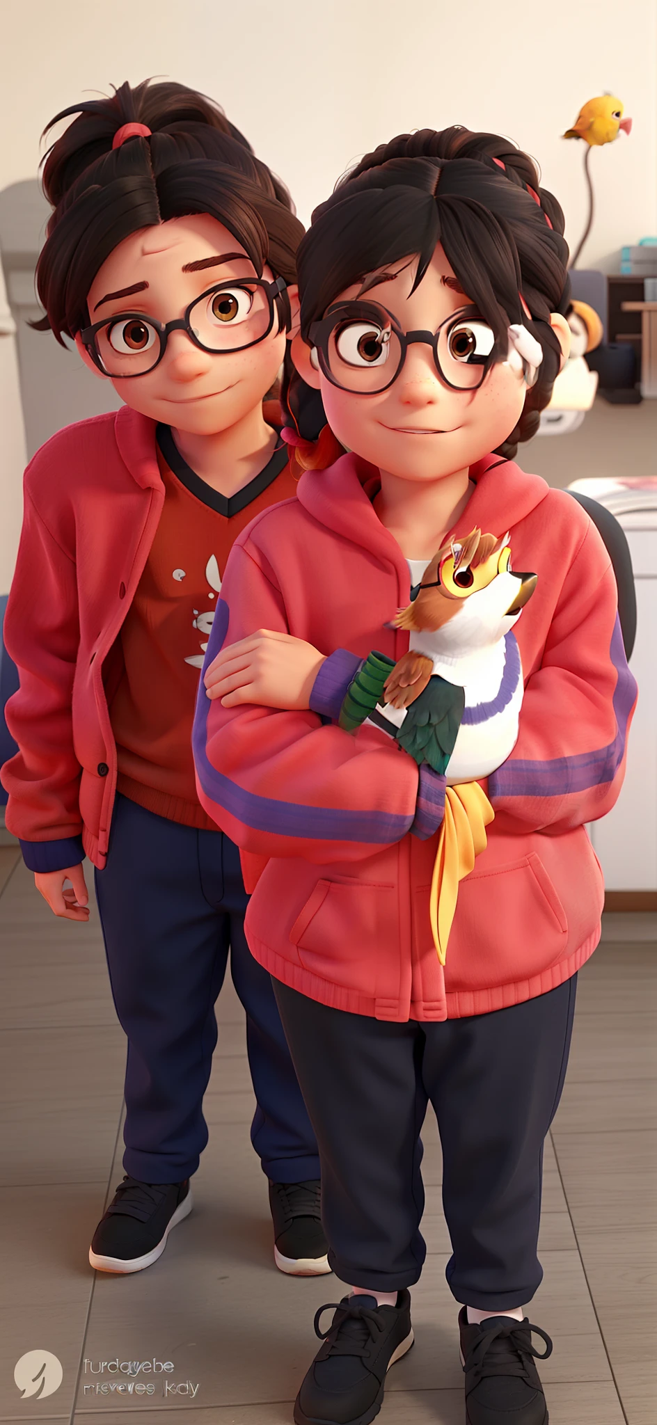 A girl on the left with her hair tied back. And his brother on the right wearing glasses with a bird on his arm