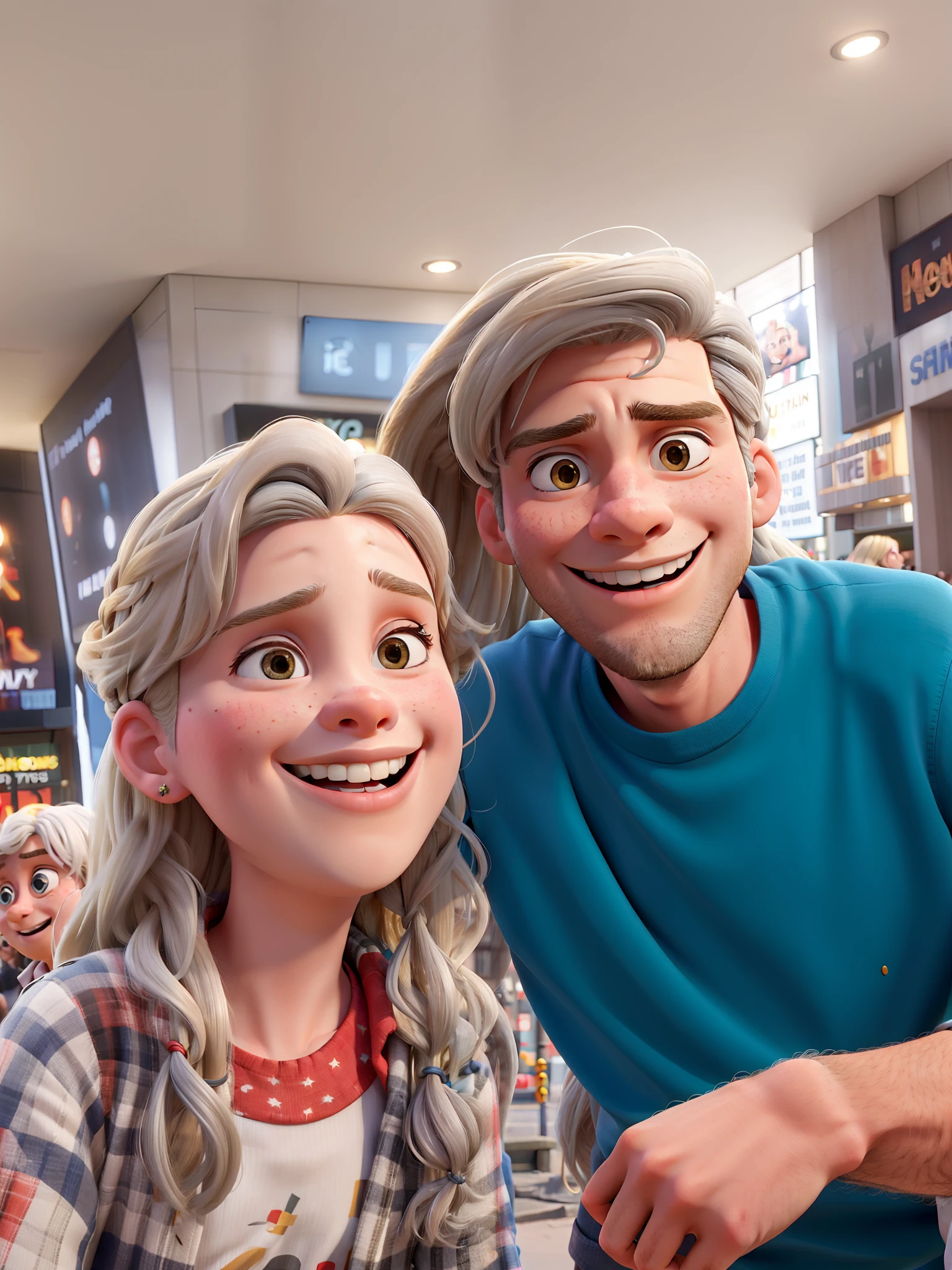 Um casal apaixonados, The girl is blonde with long hair and the young man has gray hair, They're in Time Square in New York, pixar