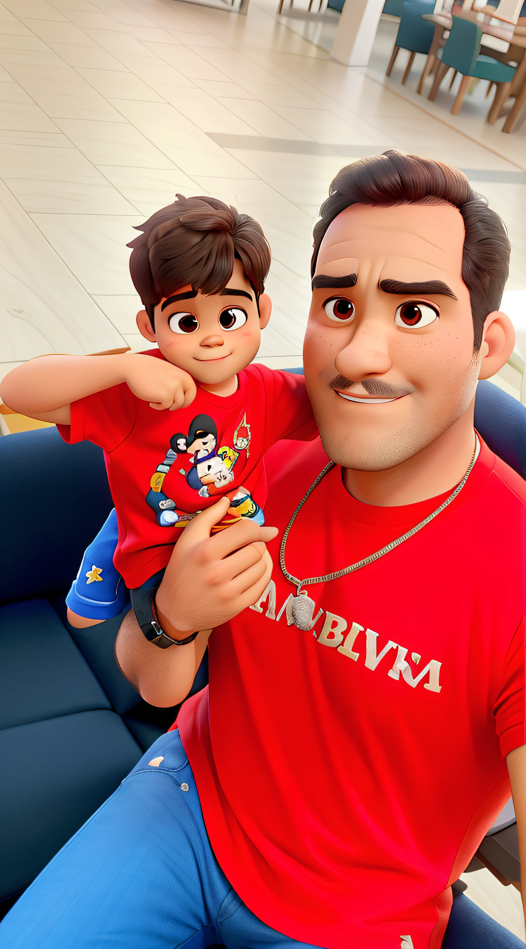 Um pai e um filho estilo Disney pixar, alta qualidade, melhor qualidade, with a serious expression, camisas vermelhas, sitting on a couch, em um ambiente de shopping, The father is darker, com barba bem recortada, bem desenhada.