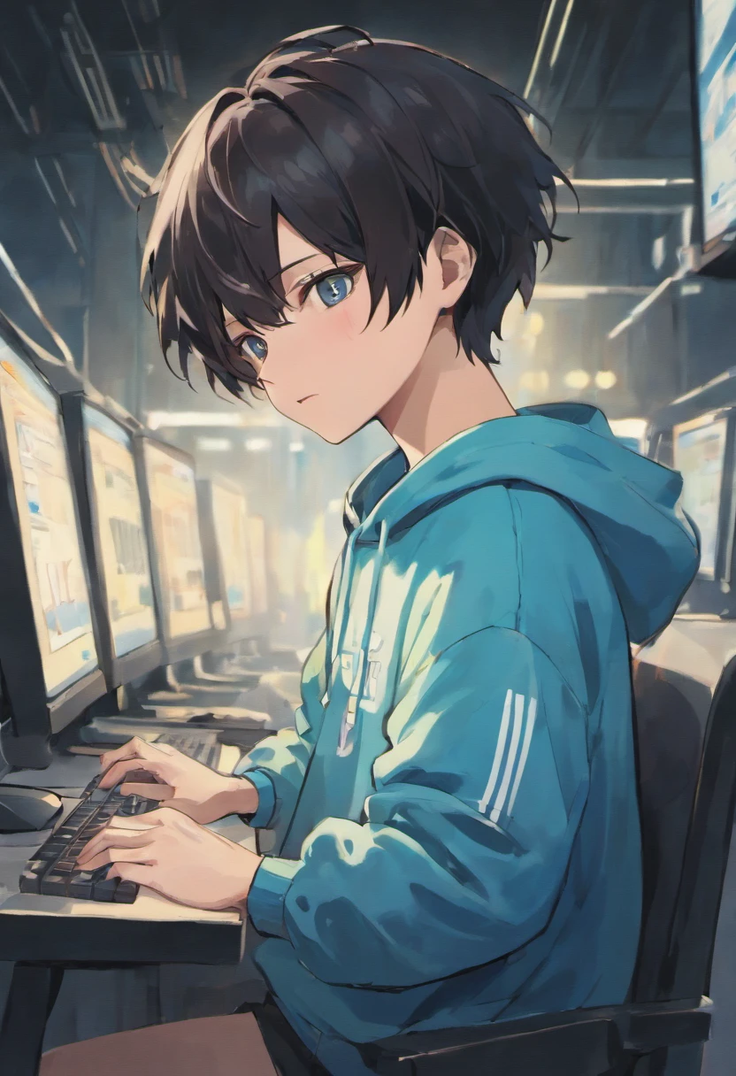 Upper body only shots, Black short hair,Focus on his upper body. He wears a white sweatshirt with blue stripes, White cap, Black shorts, Happy look、((I have a computer:1.4))、((A 29-year-old man))、Ordinary