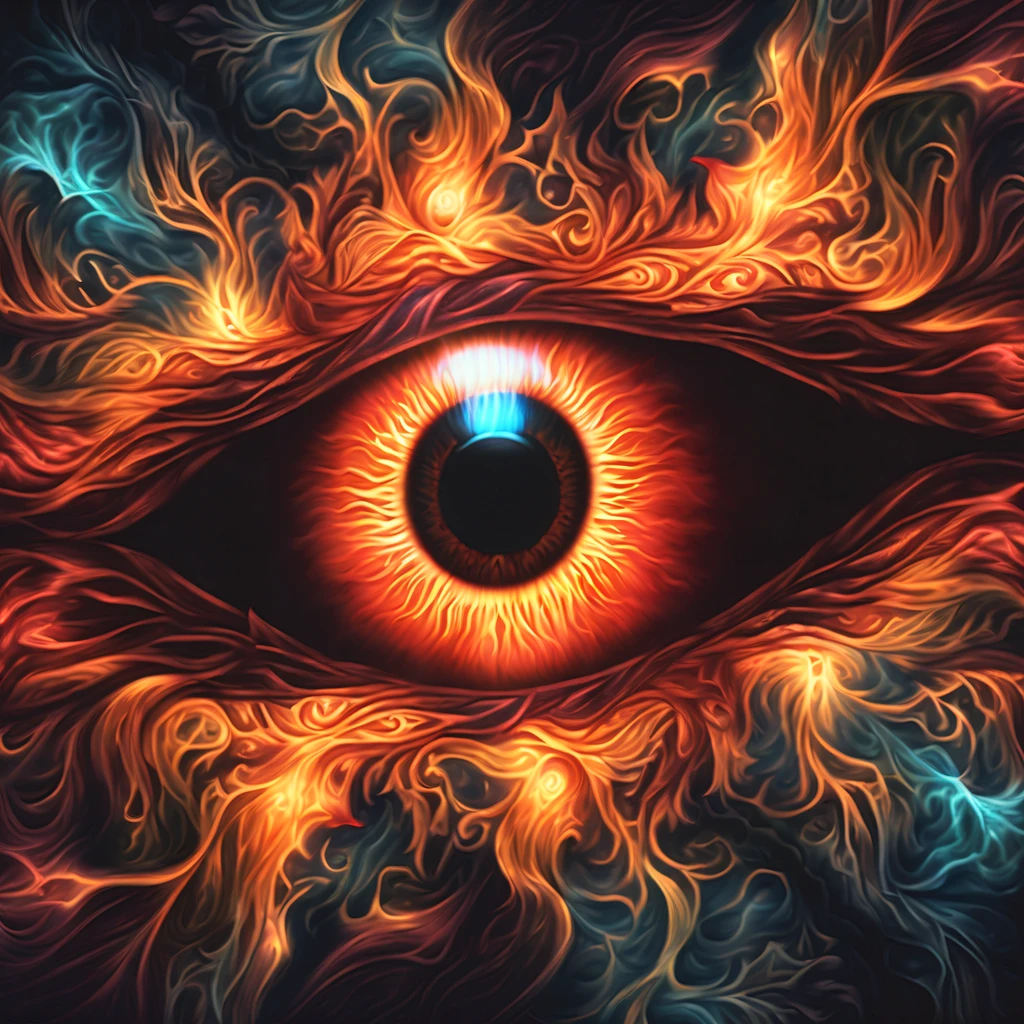 (((background is a detailed glowing devil's eye:1.3))), adding an ominous atmosphere to the scene, (((fear shown with dark shadow wish:1.3))), strength and determination, (((triple layered illustration:1.3))), colorful flower storm beautiful glowing, epic dark fantasy realm, (((stunning details color pencil and oil painting illustration:1.3))), fractal coating, amplify detail, complexity, subtlety, eeriness,