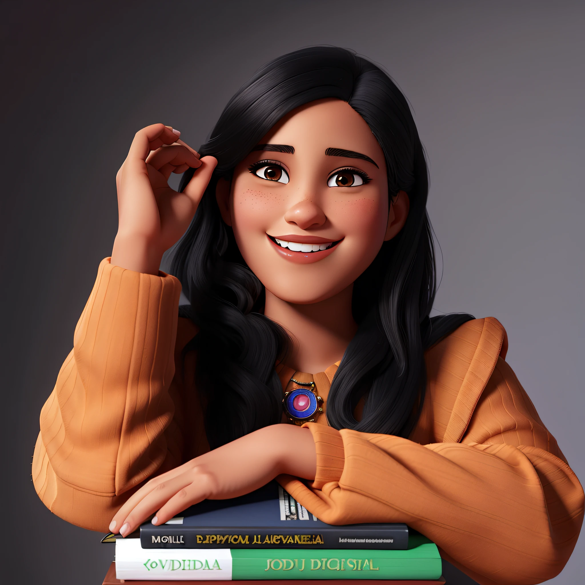Uma Mulher morena e sorridente, apoiada em livros, advogada e fundo neutro