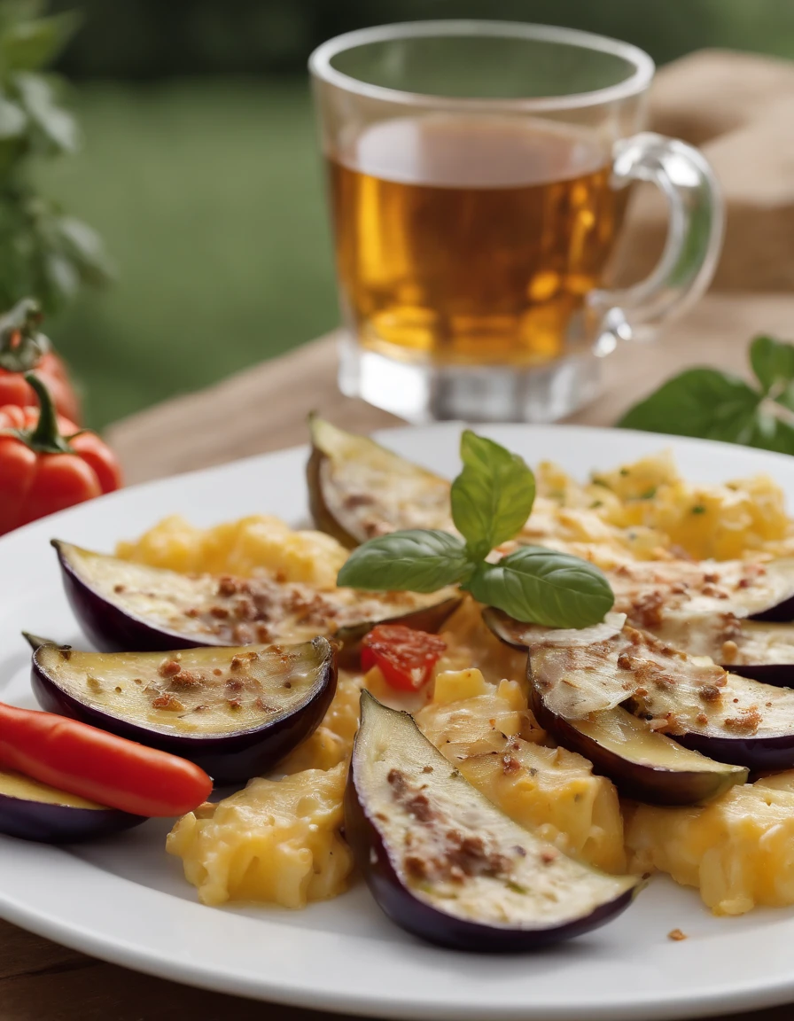 A crisp dish with pizza-shaped roasted eggplants and cherry tomato sauce, cogumelos, peppers and grated cheese, decorado com cebolinha, em uma mesa bonita e decorada, fundo natural, Summer day, clima quente, alto detalhe, alto brilho, detalhes excessivos, surrealismo, luz suave, studio illumination, luz suave difusa, profundidade de campo rasa, foco nítido, efeito bokeke, rastreamento de luz, espalhamento subsuperficial, luz suave complexa, luz suave difusa, Highly detailed glass reflection, ultrafino (ultrafino), ultrafino) (fino, ultradetalhado), cinemactic, surrealismo, hardware, melhor qualidade, ultra-high-resolution (fotorrealista: 1.4), alta resolução, detalhe, fotografia bruta, clear reproduction, 4 cameras kodak portra 400 stock, lente f1.6, textura realista, spectacular lighting, cinemas up to 800