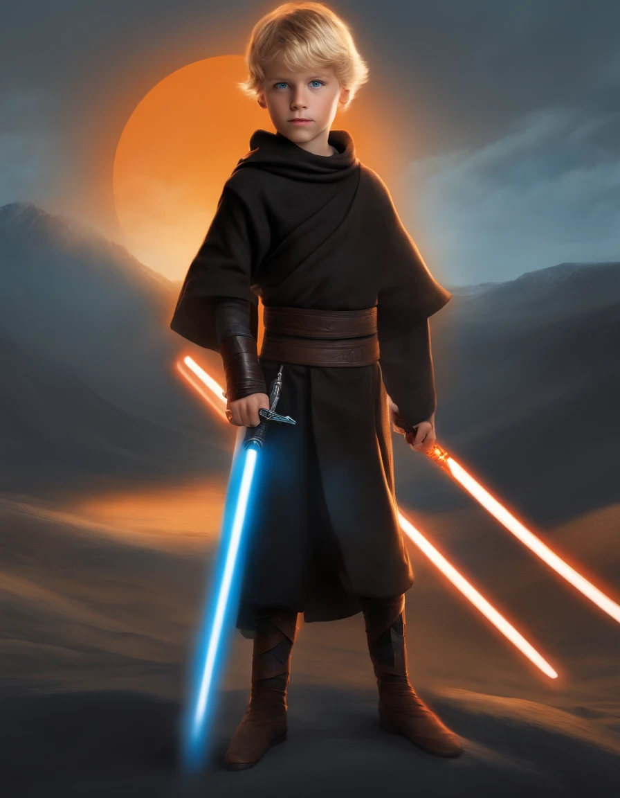 boy man blonde hair light blue eyes with black padawan full body outfit boy with orange saber