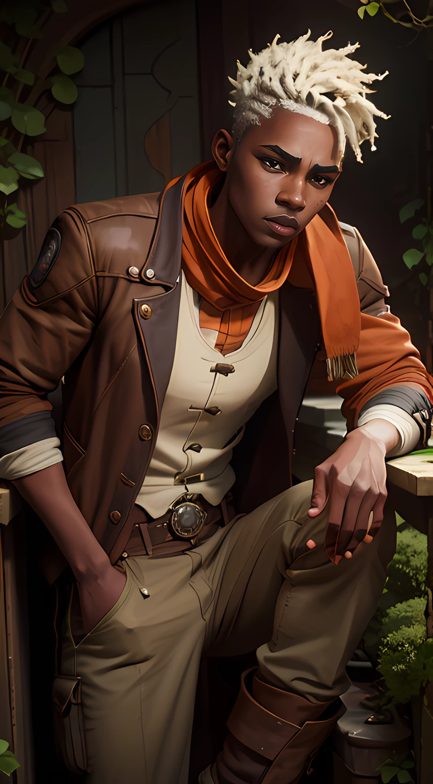 Ekko Arcano, Arcane ekko many details, young face, 16 year old, 1st year, alone, dark-skinned man, dark skin, ((brown eyes: 1.5)), white mohawk hair, letterbox, dreadlocks, short fur , bangs, jacket, tooth, gray hair, parted lips, , ((masterpiece)) , 8k , HDR , High details ,
wears brown gardener overalls and an orange scarf around his neck, long pants, and boots. He also wears a pocket watch with a zodiac symbol inside. This clock is actually his time travel device, the Z-Drive, holding antique picture frame clock,
War marks of white paint on his face, leaning against a wall next to a large beautiful tree , background large beautiful tree night steampunk .