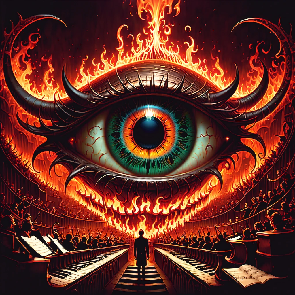 (((digital devil's eye intricate detail, in the matte, intricate insane details with around an orchestra of hell plays death-inducing music with hellish instruments illustration:1.3))), (((illusionism:1.3))), (((hell's sheet music floating around:1.5))), overwhelming atmosphere, (captivatingly surreal ambiance rich colors illustration:1.1), dark core, ice ring wish, hell's running lights speed, (((stunning intricate detailed 32k render:1.3))),