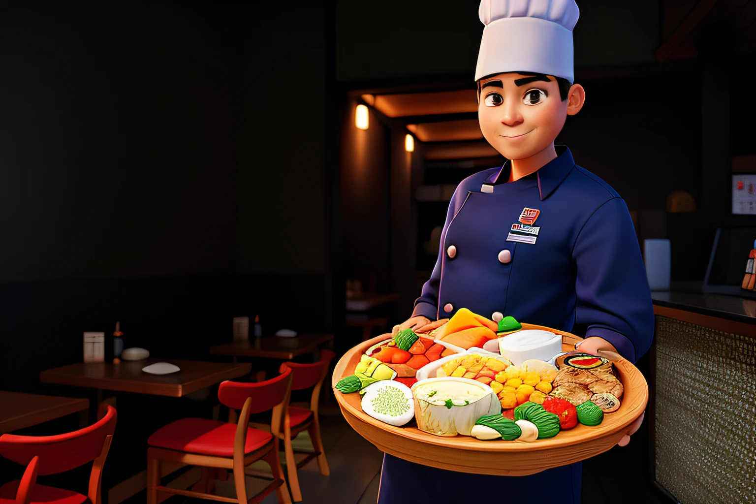 um chefe de cozinha com uniforme, Head Chef Hat, in a Japanese restaurant, segurando comida japonesa, estilo disney pixar, melhor qualidade, alta qualidade