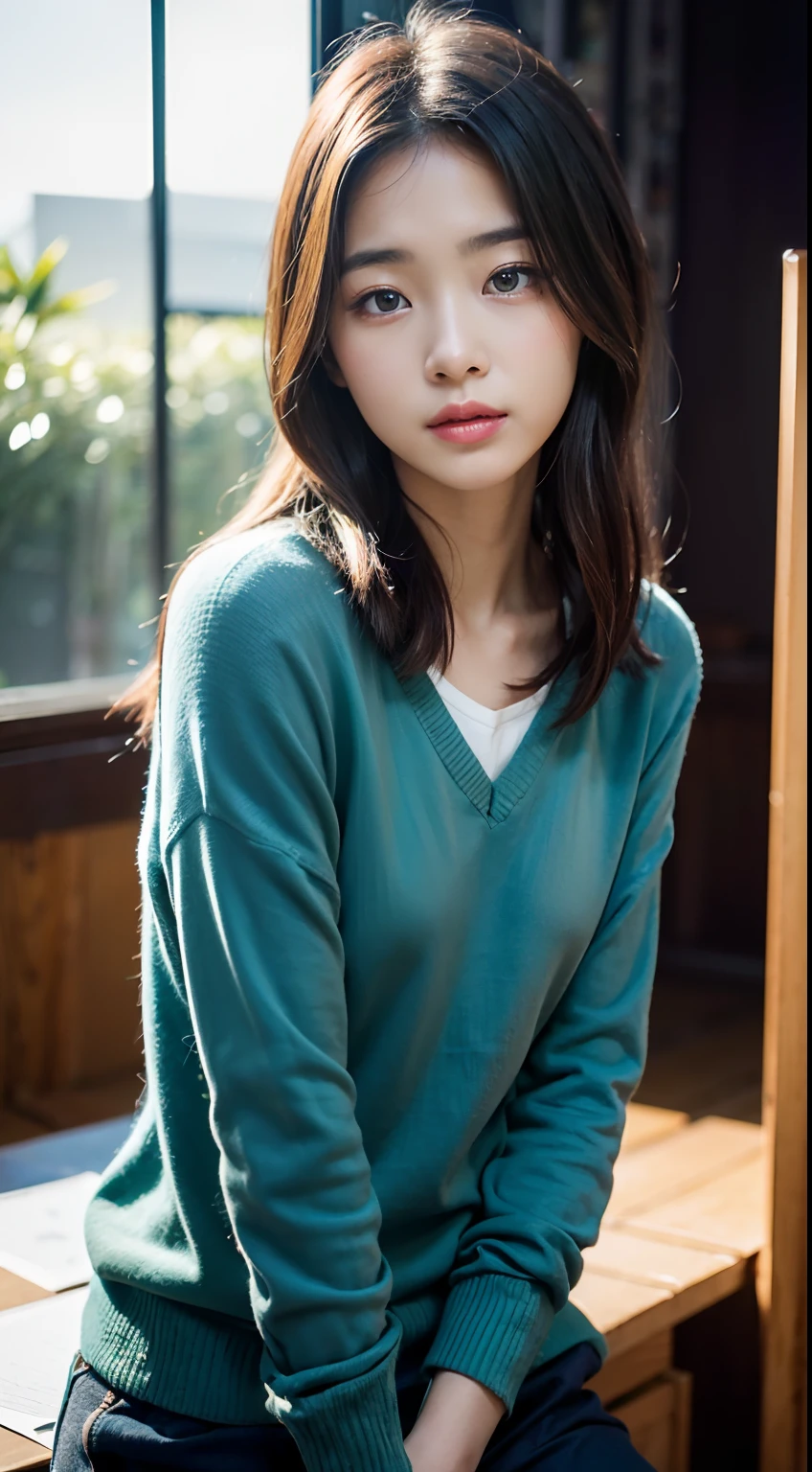 (8k、top-quality、masterpiece、realisitic、The ultra-detailliert、a picture、HDR、Row photo、hight resolution、absurderes、Movie Light、Official Art、depth of fields)、
(thin、cute face、a smile、beautiful finely detailed eyes、19-year-old Korean、cute little、Half hair with blue-green color two sides up)、Write、