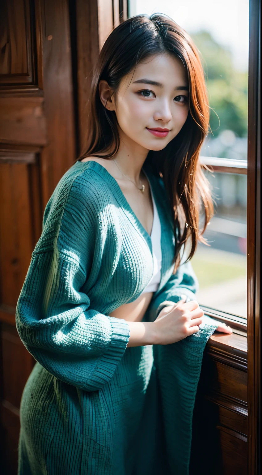 (8k、top-quality、masterpiece、realisitic、The ultra-detailliert、a picture、HDR、Row photo、hight resolution、absurderes、Movie Light、Official Art、depth of fields)、
(thin、cute face、a smile、beautiful finely detailed eyes、19-year-old Korean、cute little、Half hair with blue-green color two sides up)、Write、