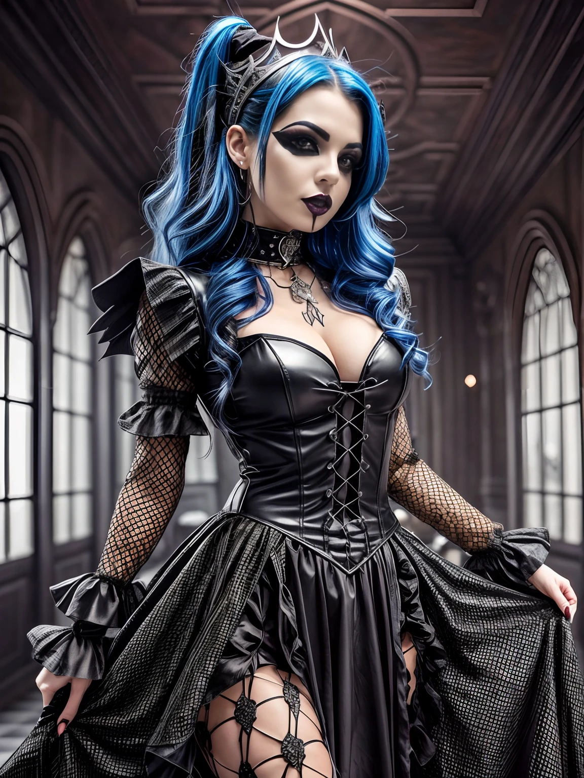 there is a woman in a dress and mask standing in a room, gothic and futuristic, on a checkered floor, dark fantasy female magician, gothic clothing, gothic fashion, cosplay on black harley queen, angel knight gothic girl, gothic style, gothic knight, gothic clothes, wearing modern gothic clothes, black and white checkered floor, gothic fantasy