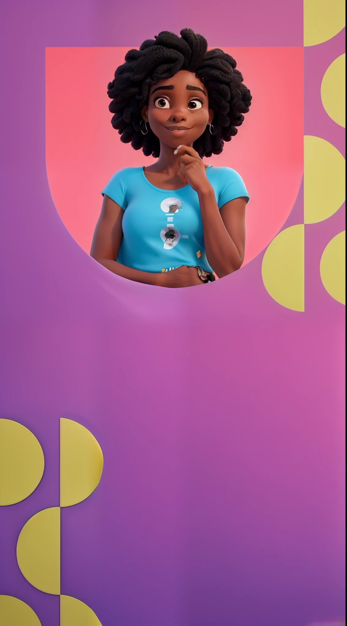 Obra-prima, de melhor qualidade, uma mulher negra, cabelo black power. Woman is in blue t-shirt.