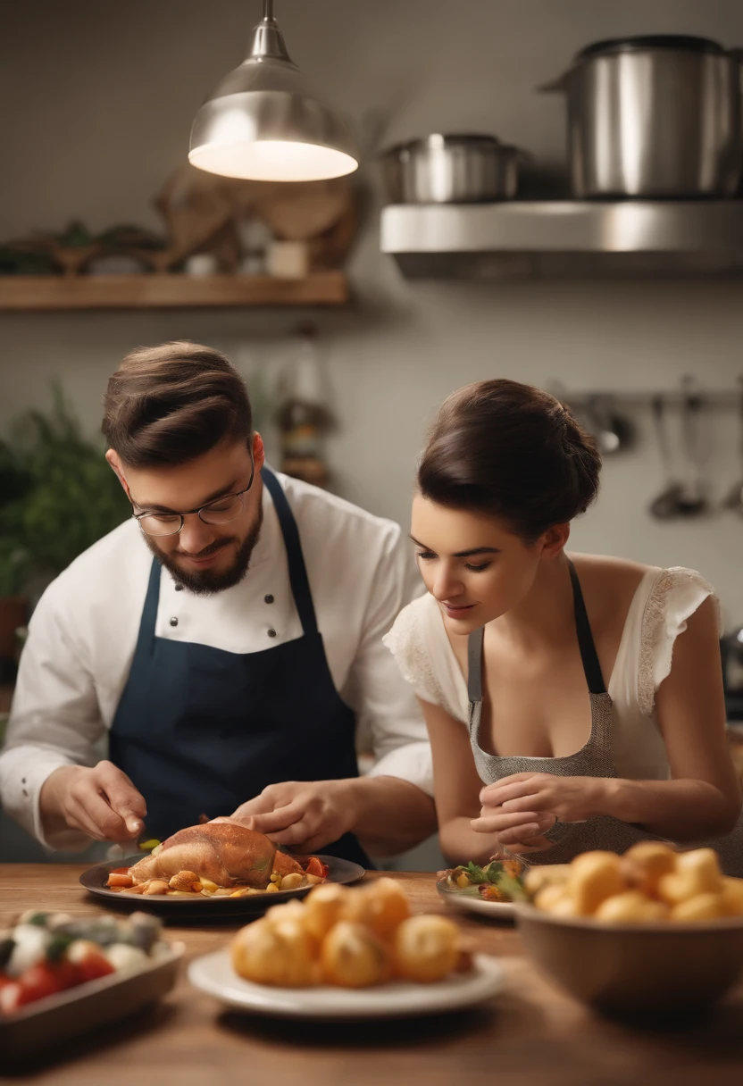 inspired by pixar/disney There are two people in front of a table with food, a 22 year old man with a tattoo and a 22 year old woman without a tattoo, in chef clothes, incredible food illustration, cooking show, super food image realistic, commercial illustration, culinary art photography, art style realism, cooking, realistic art, Realistic Art, gourmet cuisine, cooking it, 3D epic illustrations, cartoon style illustration