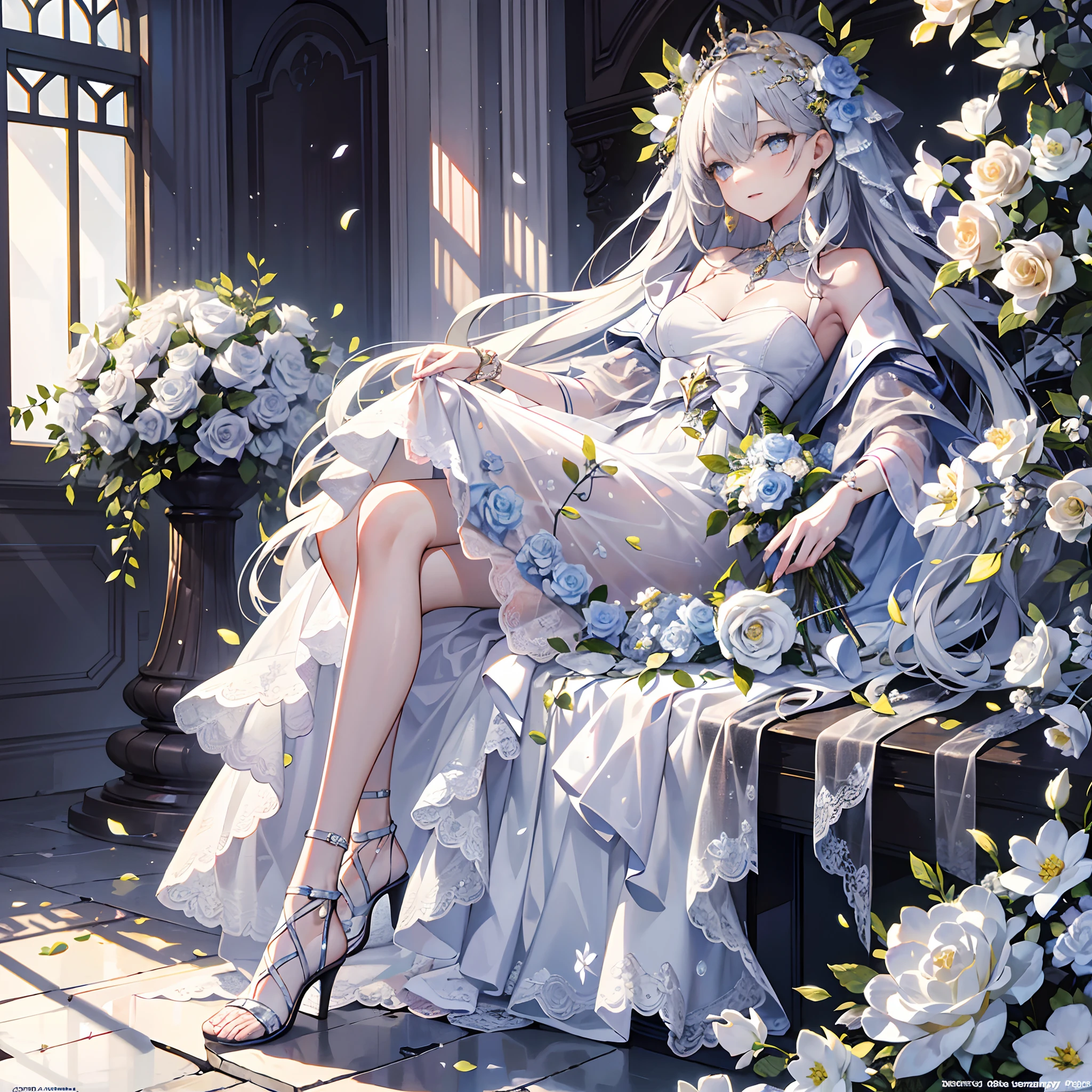 (masterpiece, top quality, highest quality, official art, beautiful aesthetics, 1 woman, : 1.5), 1 girl, shining jewel-like eyes, bewitching expression, beautiful face, kind, joyful, ((correct human body structure)), happy, with bouquet, white chiffon dress, white long hair, high heel sandals, look here, park with many flowers, 8k wallpaper