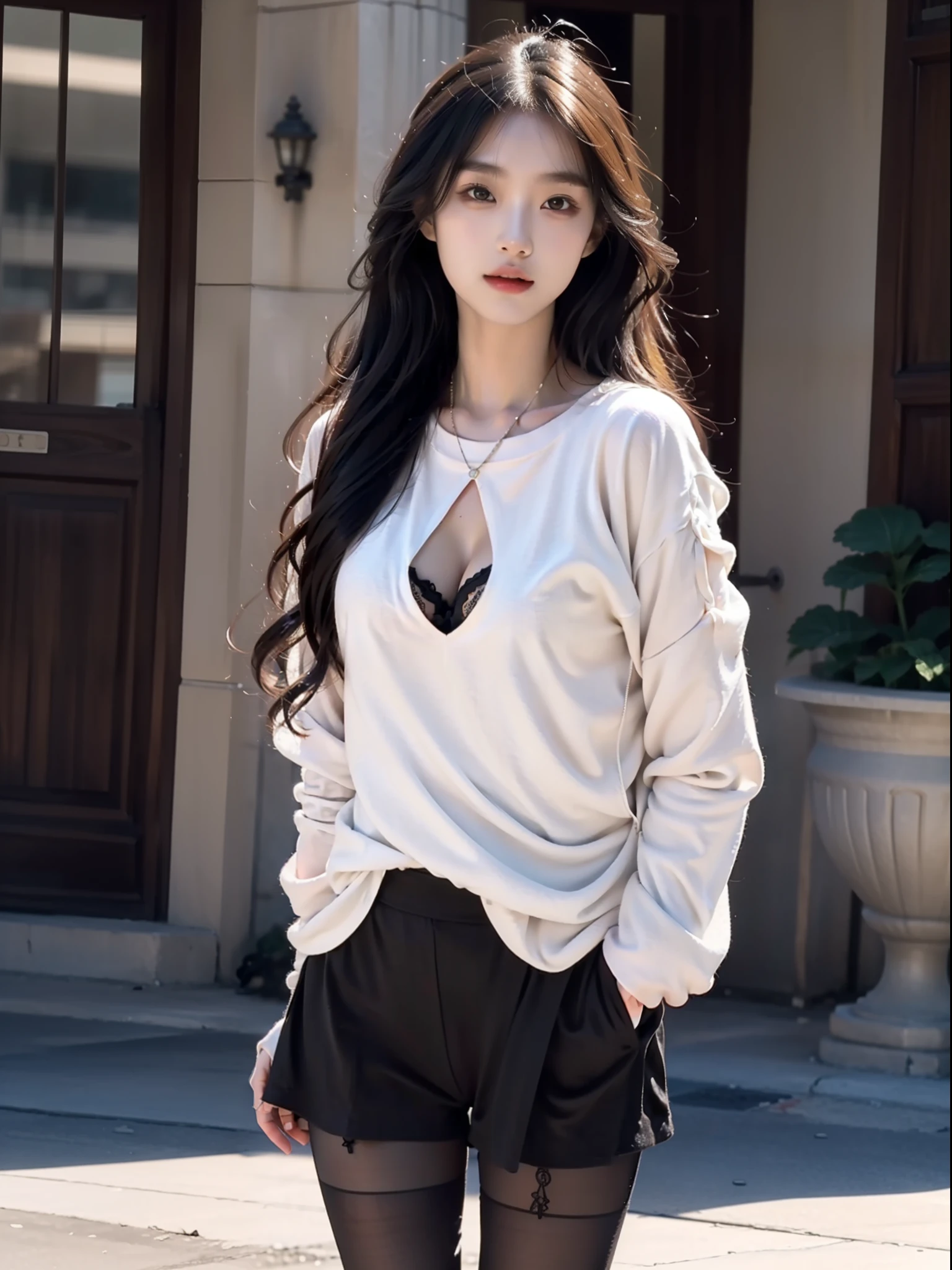 (standing on your feet:1.5),(1girll:1.3),(view the viewer:1.4),(anatomy correct:1.4),(Faraway view:1.3),(White sweatshirt:1.2),(Black translucent pantyhose:1.3),(with tattoos:1.2),(wavy and long hair,Accurate and perfect face:1.3),(Slender and slender figure,Skinny,Skinny:1.2),(Smaller bust:1.3),(athletic sneakers:1.1),hyper HD, Ray traching, reflective light,structurally correct, Award-Awarded, High detail, Fade-in and fade-out shadow contrast, Face lighting ,Cinematic lighting, Masterpiece, super detailing, High quality, High detail, Best quality, 16k,High contrast