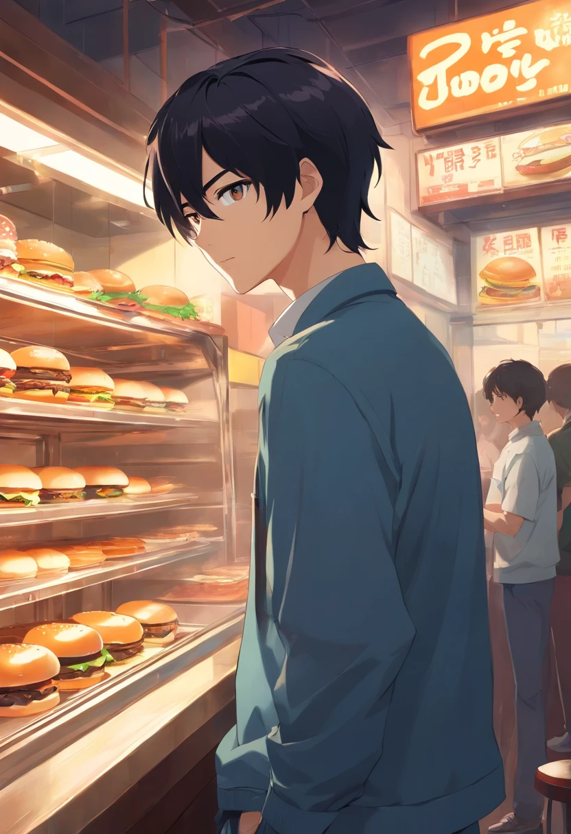 "A masterpiece illustration of a young man with black hair and eyes as an ambitious young man looking at the crowded burger joint he conquered, With perfect body proportions and an impeccably detailed head, in high definition."