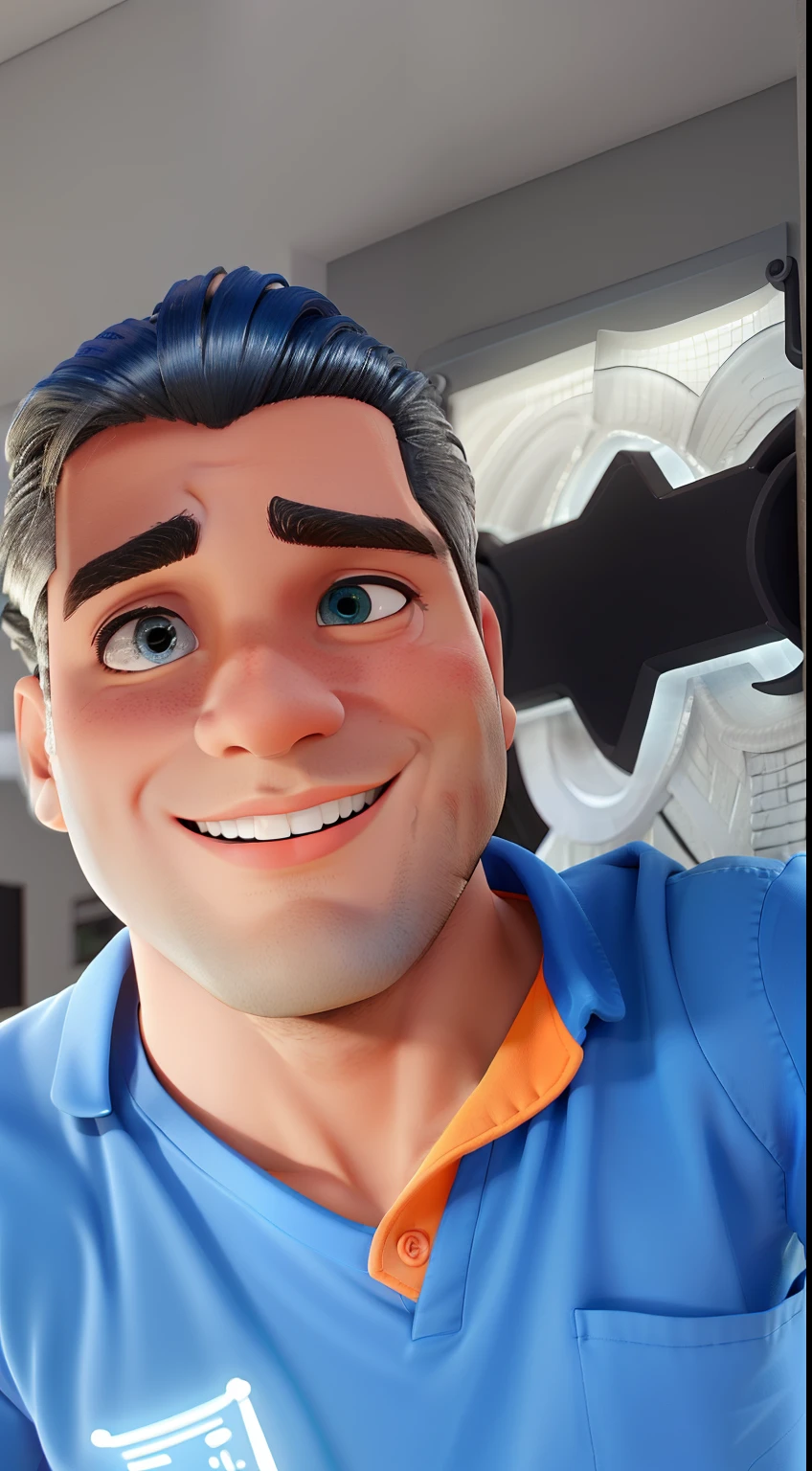 Um homem lindo, cabelo preto bem curto, iluminado pela luz de uma janela, vestindo uma camisa azul