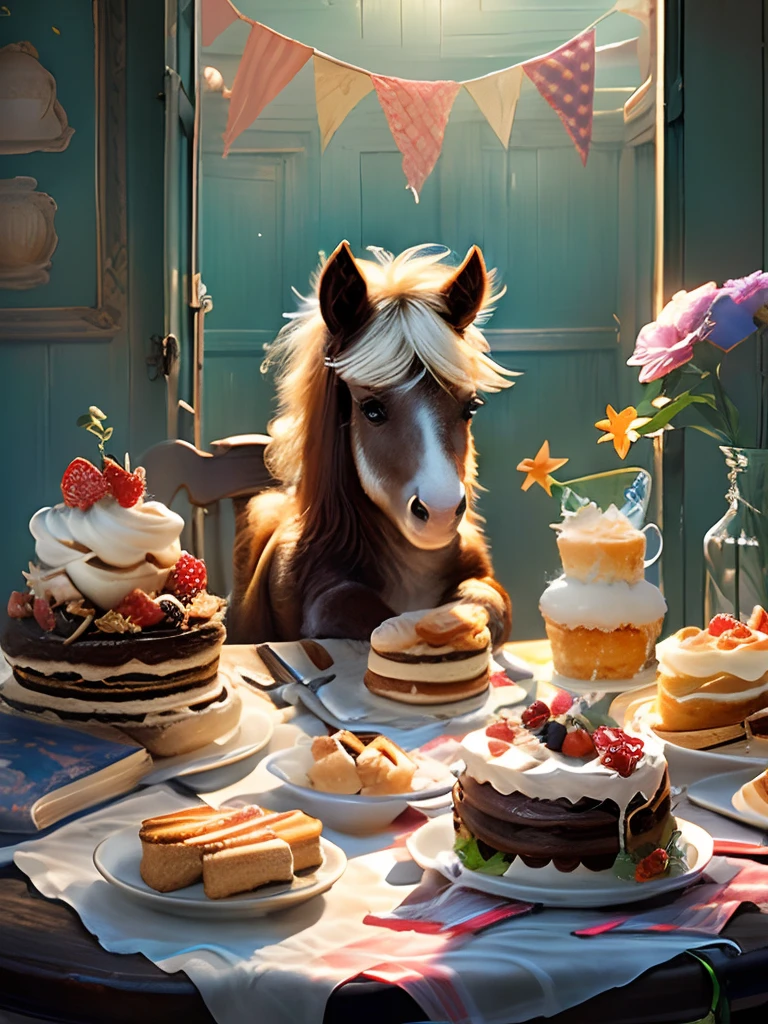 Cute pony on a chair, Eat cake on the table,