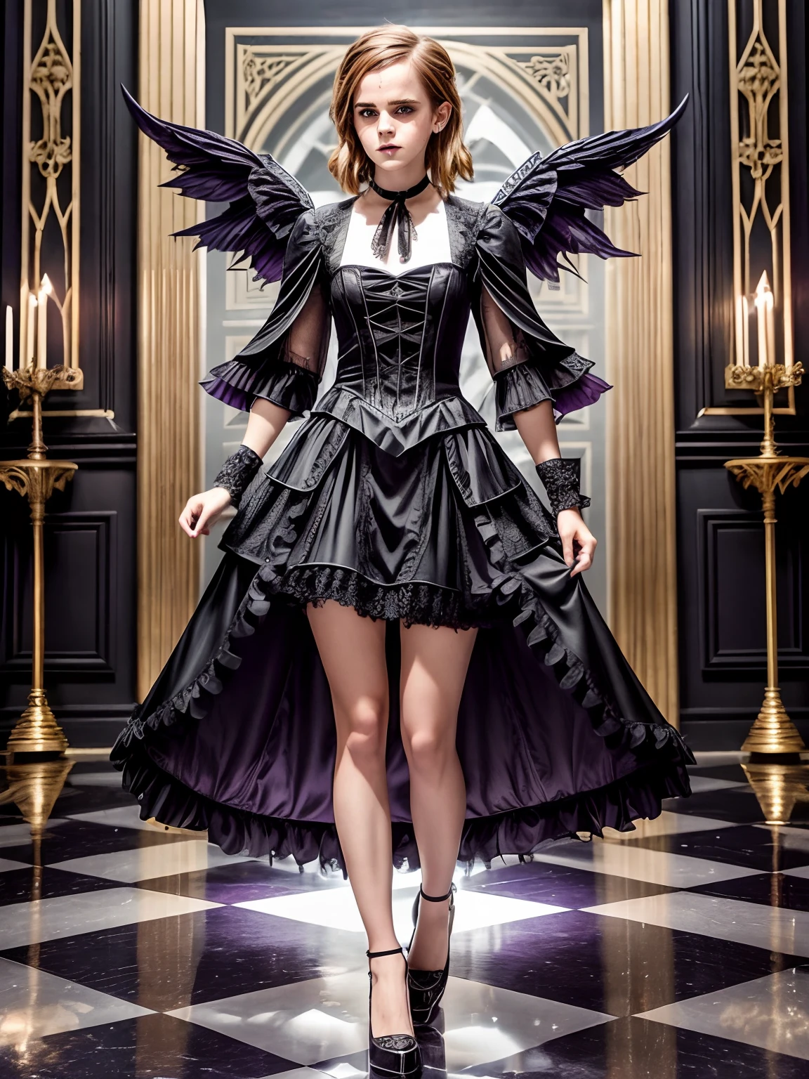 there is a woman ((Emma Watson)) in a dress and mask standing in a room, gothic and futuristic, on a checkered floor, dark fantasy female magician, gothic clothing, gothic fashion, cosplay on black harley queen, angel knight gothic girl, gothic style, gothic knight, gothic clothes, wearing modern gothic clothes, black and white checkered floor, gothic fantasy