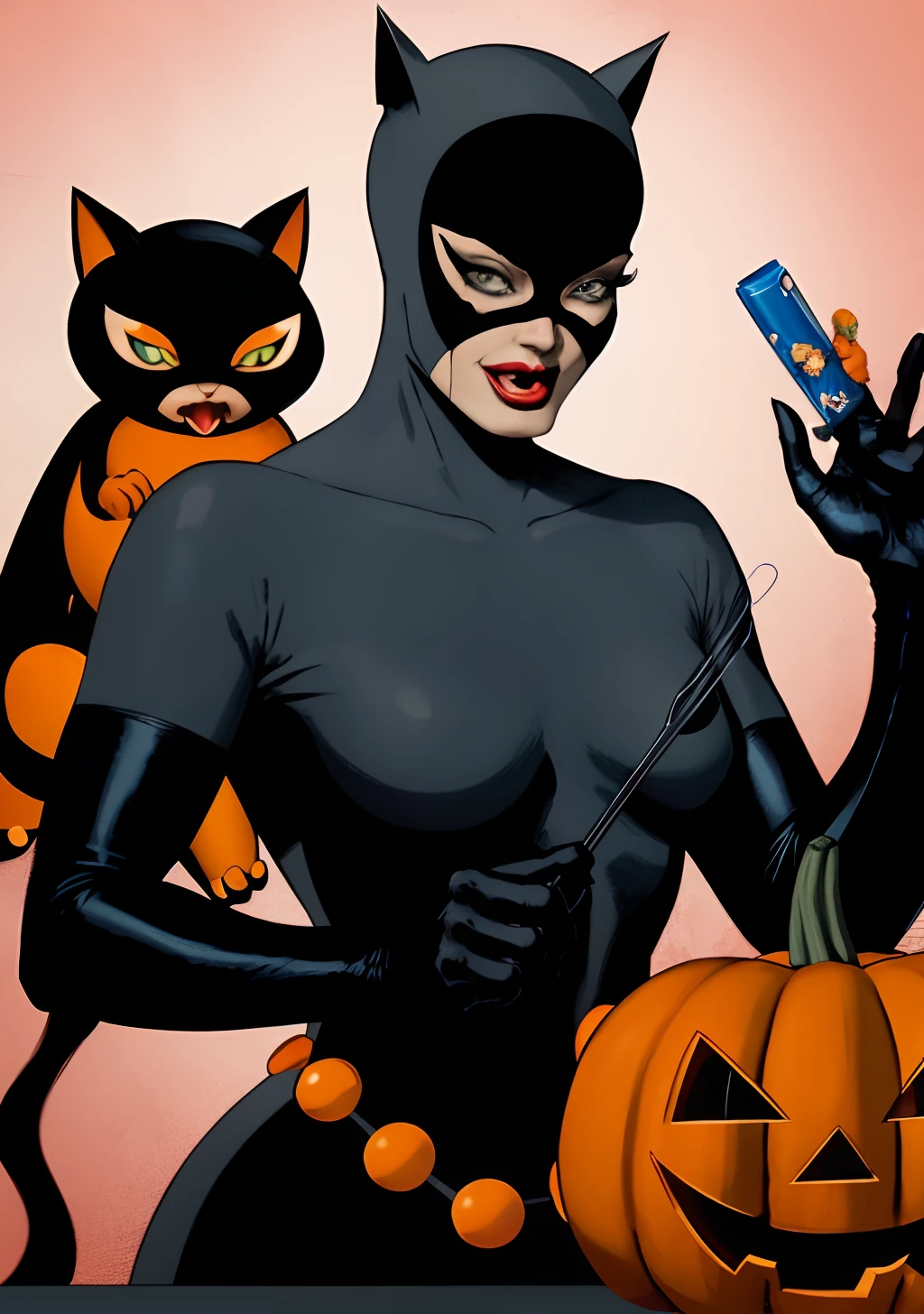 Halloween da Catwoman estilo DC Comics by Jim lee, Batman at Halloween party, With a Catwoman, witches and pumpkins