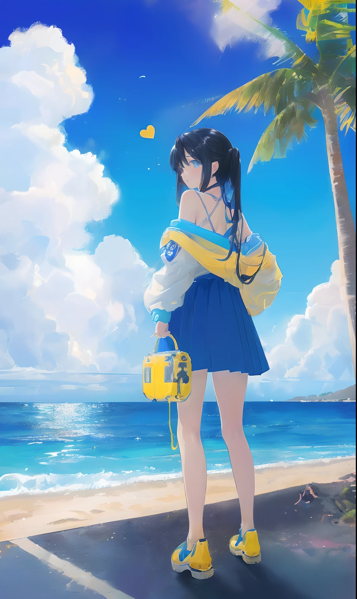 art by Cornflower, dreamy, (A beautiful, teenaged, anime-style girl with blue eyes and long, black hair, wearing a pale yellow, shiny, long-sleeved, open-chest, long skirt swimming suit with a pink, white, and yellow, heart on it is posing with her hands on her hips, in front of a beach and a bright, blue sky with clouds in it, there are palm trees in the background on both sides of the picture, and there are lots of blue and yellow fish swimming in the ocean, and there is a police helicopter with lights on it flying over the girl)