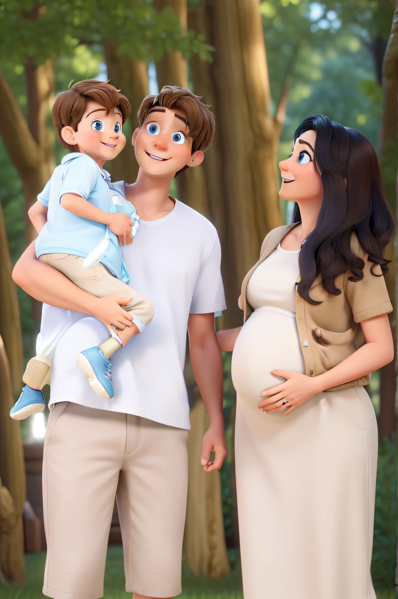 man with light brown hair and blue eyes holding a 2 with very short blonde hair and blue eyes holding a toy airplane and a woman pregnant woman smiling at her baby brunetteck hair and brown eyes Disney Pixar style high quality, best quality