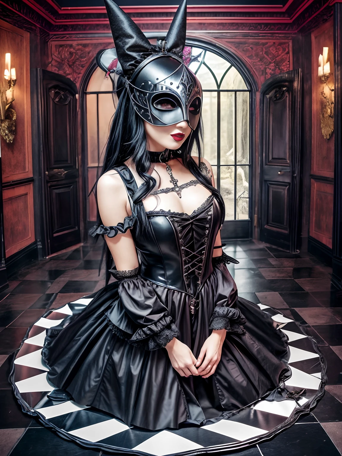 there is a woman in a dress and mask standing in a room, gothic and futuristic, on a checkered floor, dark fantasy female magician, gothic clothing, gothic fashion, cosplay on black harley queen, angel knight gothic girl, gothic style, gothic knight, gothic clothes, wearing modern gothic clothes, black and white checkered floor, gothic fantasy