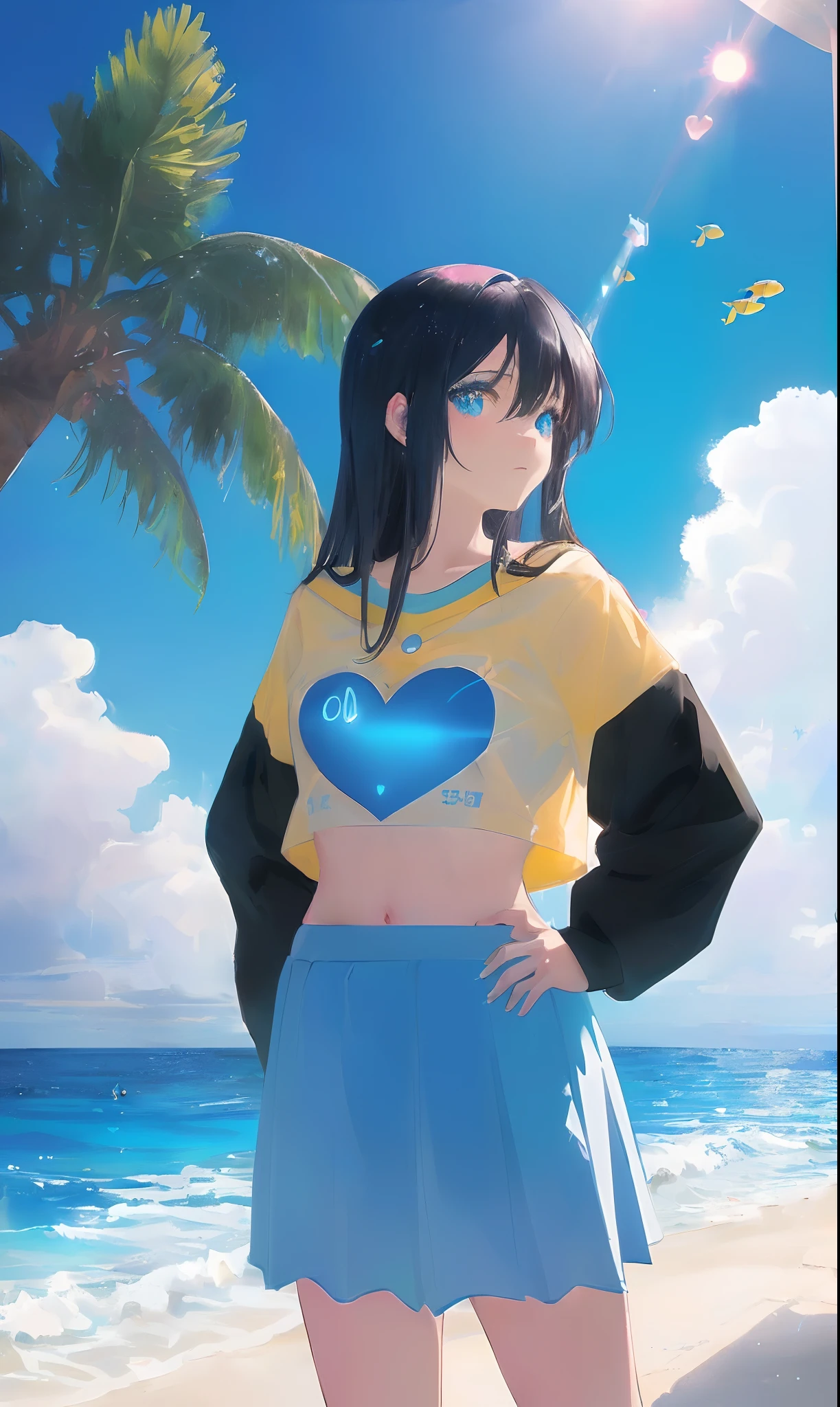 art by Cornflower, dreamy, (A beautiful, teenaged, anime-style girl with blue eyes and long, black hair, wearing a pale yellow, shiny, long-sleeved, open-chest, long skirt swimming suit with a pink, white, and yellow, heart on it is posing with her hands on her hips, in front of a beach and a bright, blue sky with clouds in it, there are palm trees in the background on both sides of the picture, and there are lots of blue and yellow fish swimming in the ocean, and there is a police helicopter with lights on it flying over the girl)