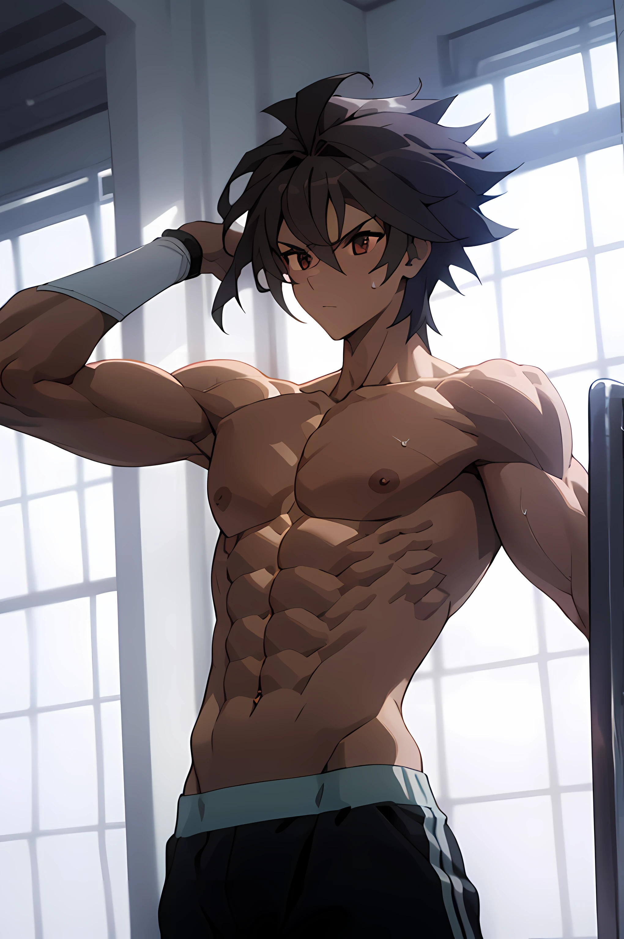 1boy, super muscular, shirtless, in gym, girl at his side