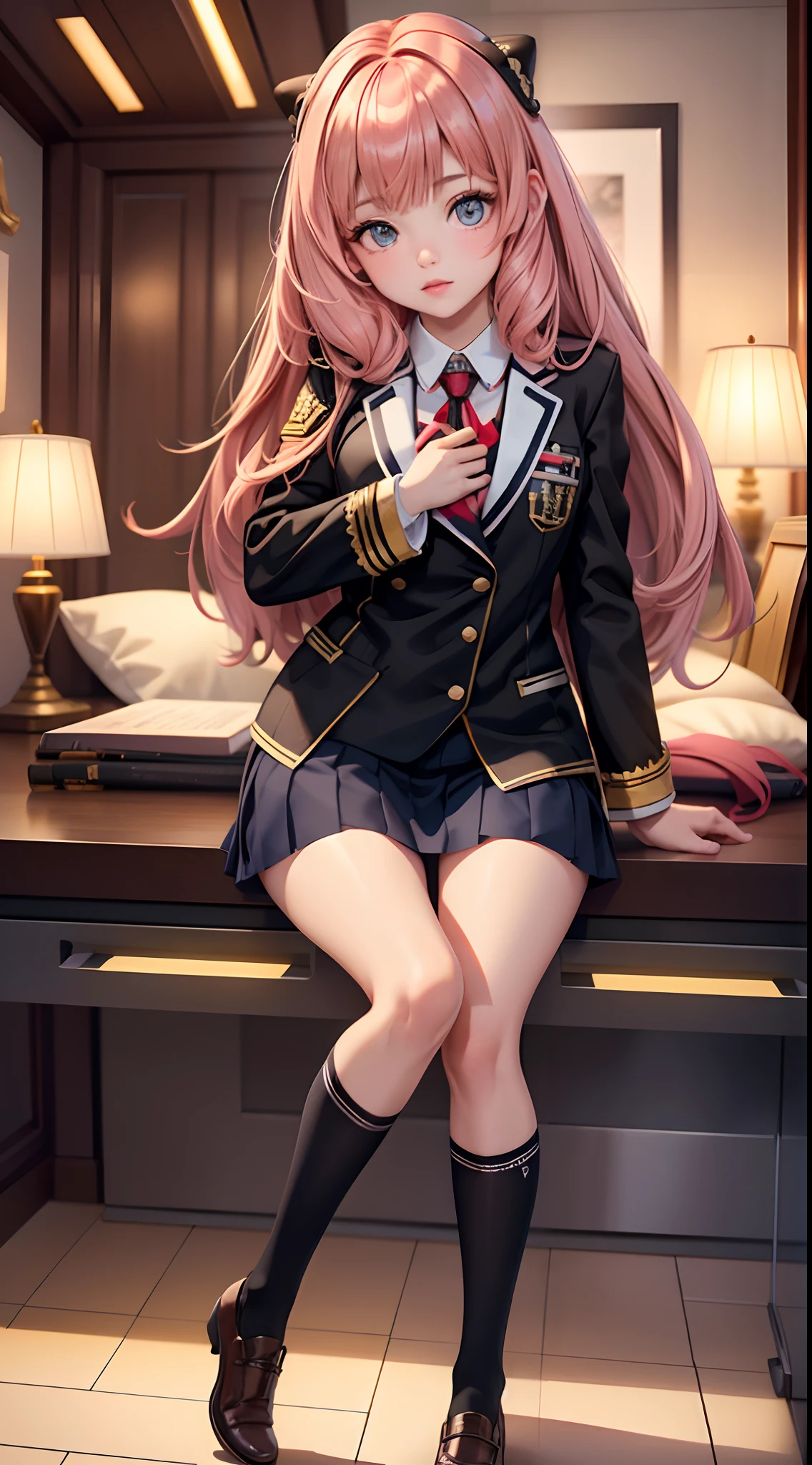 Masterpiece, (best quality,highres), full body shot, Anya forger, wearing high School uniform, detailed eyes, detailed lips, hair texture, soft background, vivid colors, dinamic lighting, bokeh