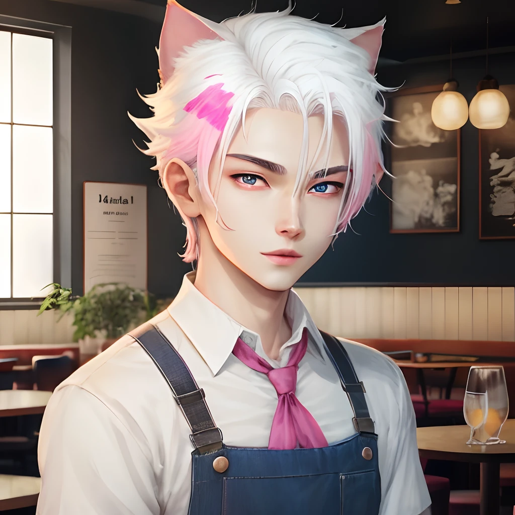 Anime, high definition, catboy, white hair, cafe uniform, blue and pink eyes, sfw