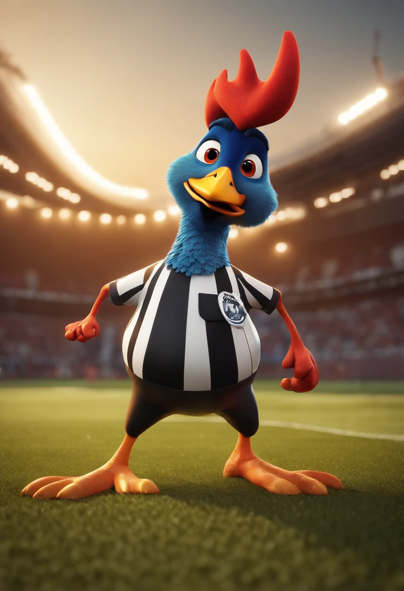 Cartoon character of a Rooster with black and white striped shirt in football stadium, animation character, Caractere estilizado, animation style rendering, 3D estilizado, Arnold Maya render, 3 d render stylized, toon render keyshot, Personagem 3D, Personagem 3D, 3d rendering stylized, 3 d character render, personagem de desenho animado, Personagem de close up, Pose de personagem, (Estilo Pixar) (master part:1.2) (Bokeh) (best quality) (pele detalhada) (textura detalhada) (8k) (argila) (Cinematic lighting) (foco nítido