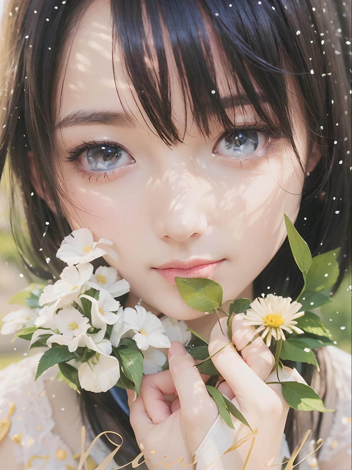 (Best quality, 8k, 32k, Masterpiece, UHD:1.2), Photo of Pretty Japanese woman, large breasts, very short bob hair, Black Hair, portrait, flowers, beautiful eyes