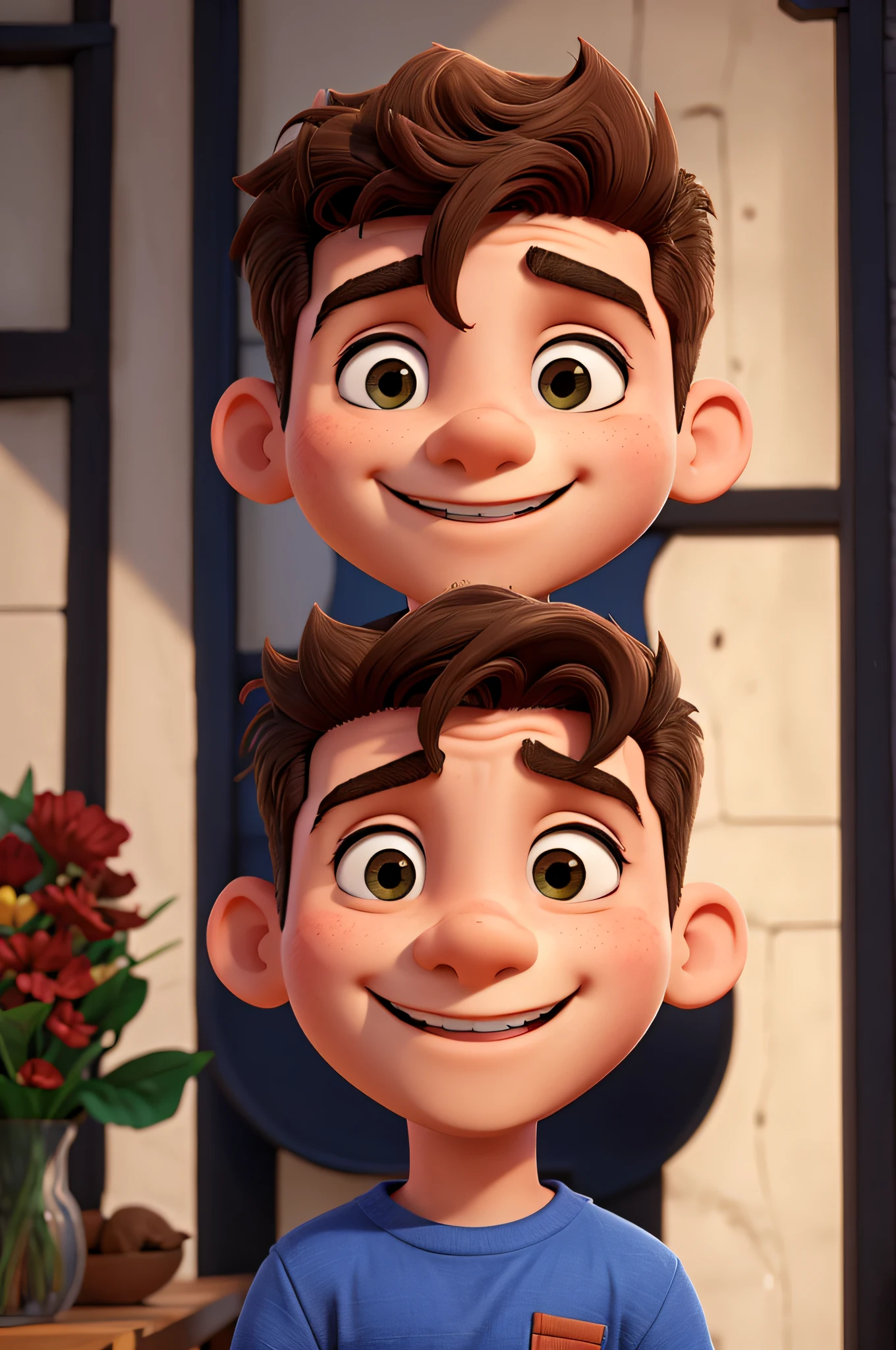 Boy with big head, sorrindo, com sardas no rosto