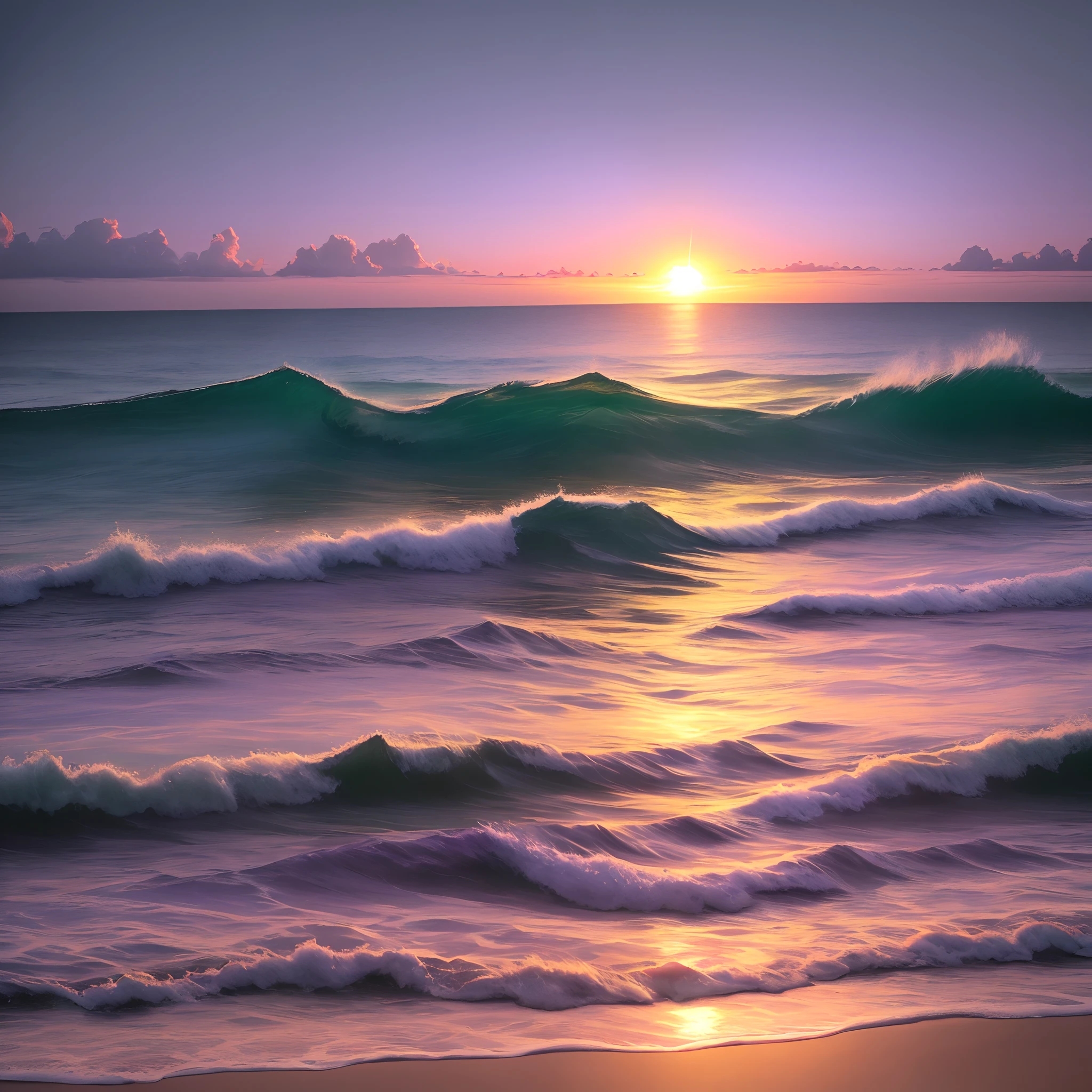 A sunset in the sea with the sky half purple with soft writing in the sun and horizon in the swells of the sea