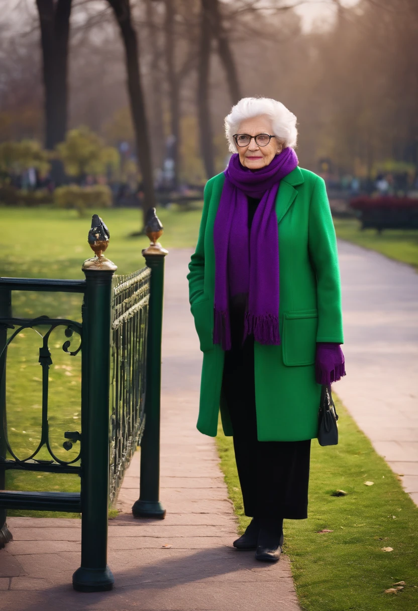 masterpiece, best quality, an old woman with glasses and a scarf on, wearing a purple coat and green scarf, standing at the park