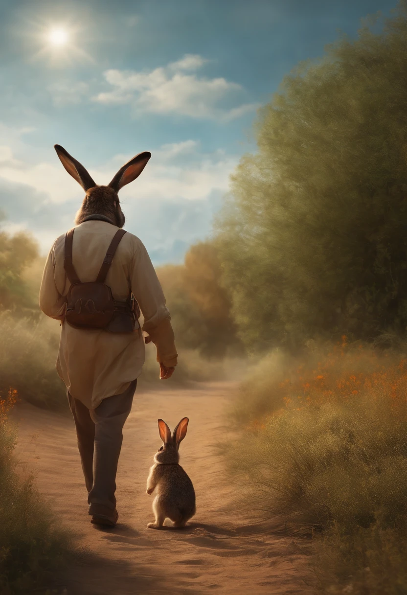 homem, cabelo curto crespo, Carrying a little rabbit in your hand ,illustartion,design detalhado de personagens,dinamismo,ambiente fazenda,Mixed Media Artworks,colorido,texturas granuladas,Antecedentes altamente detalhados,impressive lighting,estilo realista,frisky,Rosto de expressivo, barba rala,cores e tons impressionantes,The Emotional Bond Between Man and Rabbit,realism rendering,best quality,4k resolution,ultra-detalhado,arte profissional,vivid colors,foco nítido,Studio Lightning.