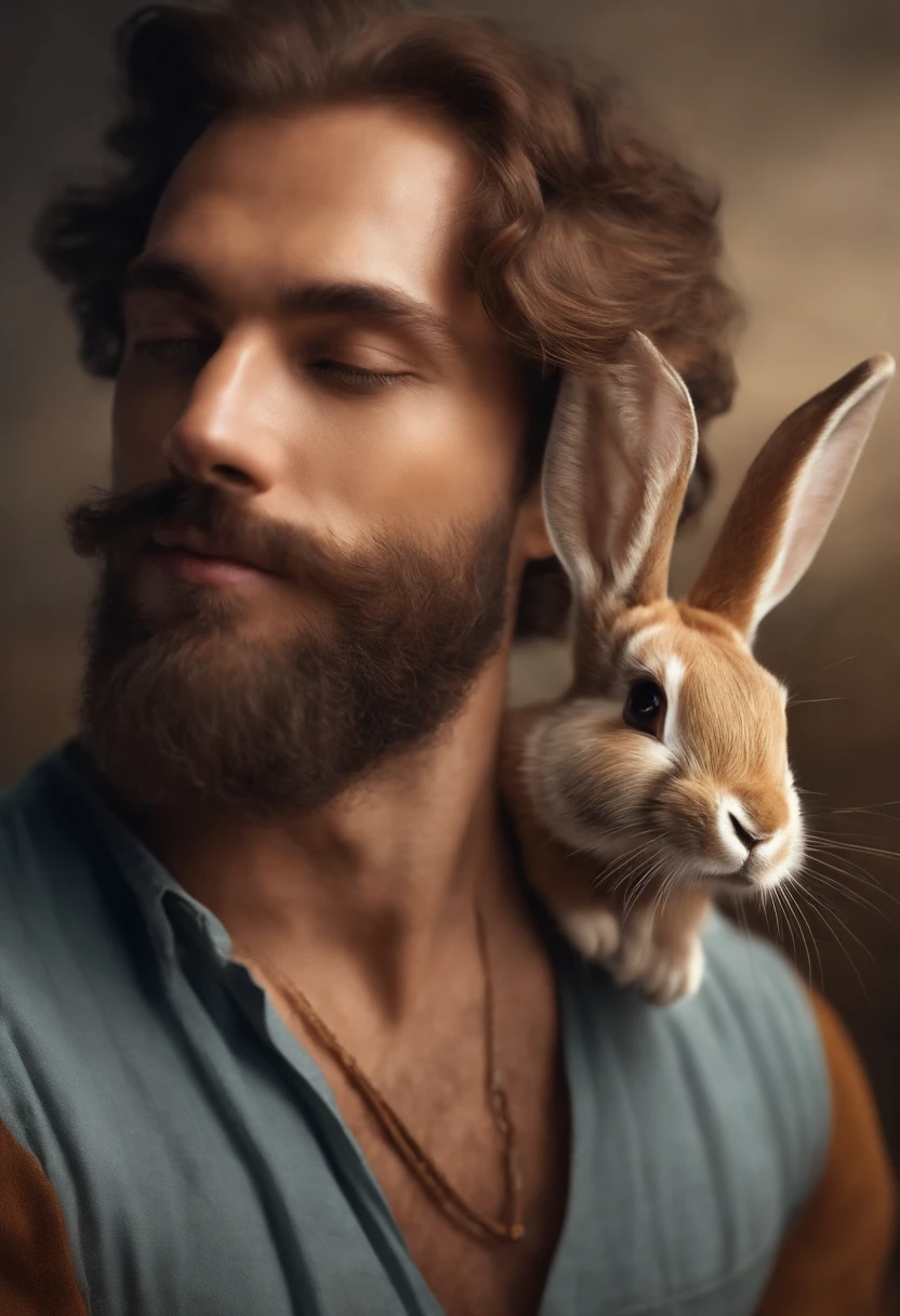 homem, cabelo curto crespo, Carrying a little rabbit in your hand ,illustartion,design detalhado de personagens,dinamismo,ambiente fazenda,Mixed Media Artworks,colorido,texturas granuladas,Antecedentes altamente detalhados,impressive lighting,estilo realista,frisky,Rosto de expressivo, barba rala,cores e tons impressionantes,The Emotional Bond Between Man and Rabbit,realism rendering,best quality,4k resolution,ultra-detalhado,arte profissional,vivid colors,foco nítido,Studio Lightning.