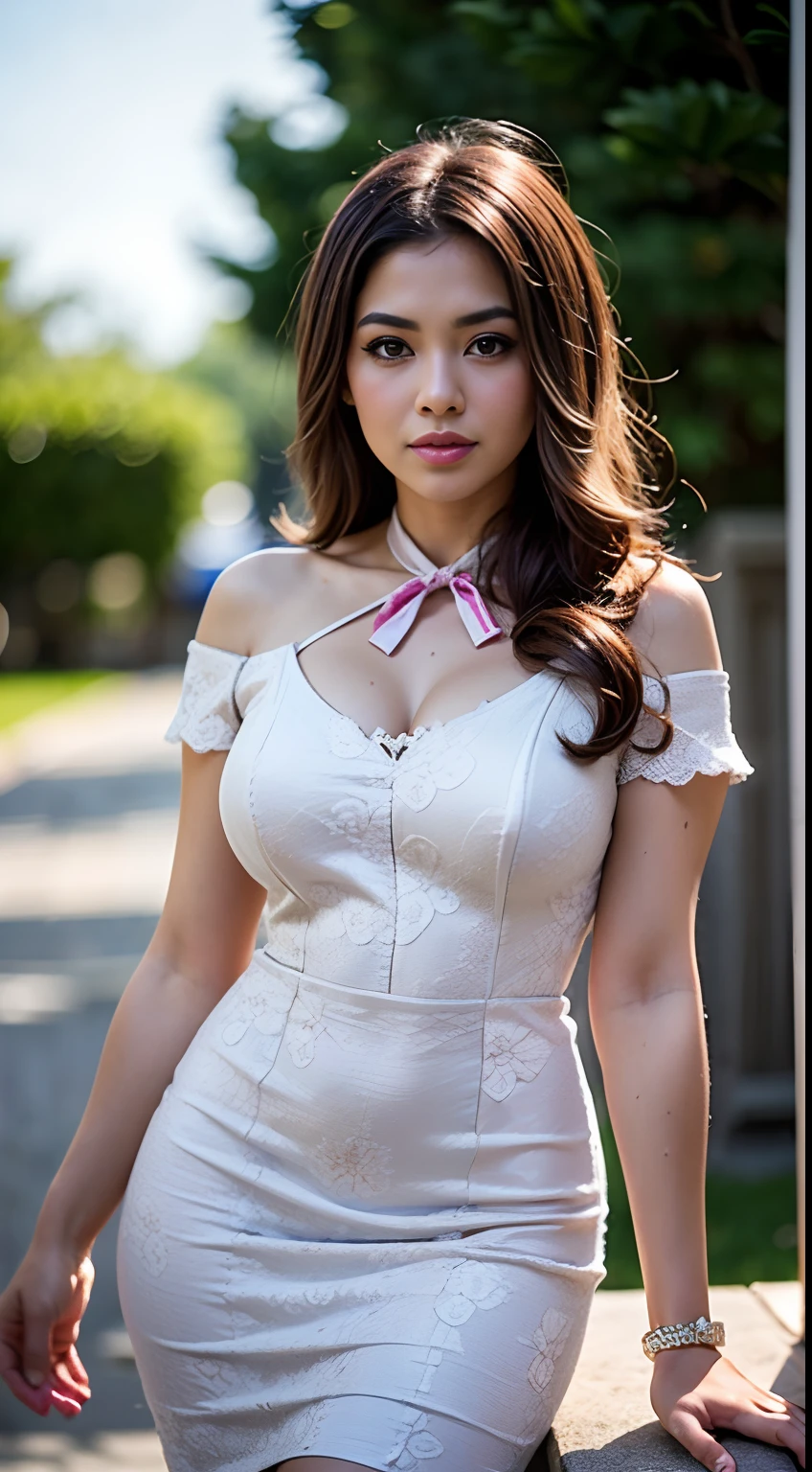 RAW, Best quality, high resolution, Masterpiece: 1.3), Beautiful Malay woman , Masterpiece, Perfect slim body, Beautiful big eyes, watery eyes, Soft smile, wet lips, big breast, ((wearing Square Neck Bow Front Floral Jacquard Dress )), windy, skin details, skin texture details, thick thighs, sexy body, morning time, happy, bright sunlight, blurred background, bokeh