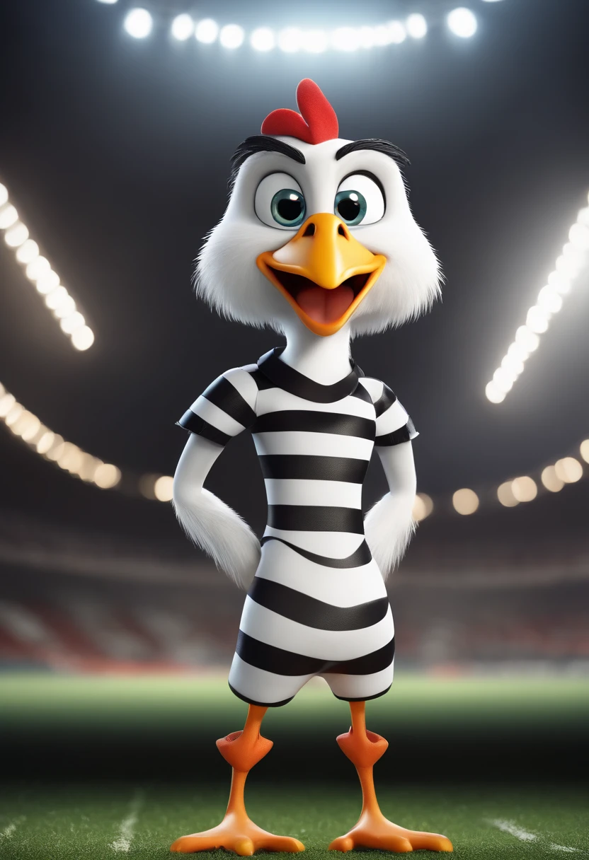 Cartoon character of a white rooster with black and white striped shirt in football stadium with a soccer ball on his feet, animation character, Caractere estilizado, animation style rendering, 3D estilizado, Arnold Maya render, 3 d render stylized, toon render keyshot, Personagem 3D, Personagem 3D, 3d rendering stylized, 3 d character render, personagem de desenho animado, Personagem de close up, Pose de personagem, (Estilo Pixar) (master part:1.2) (Bokeh) (melhor qualidade) (pele detalhada) (textura detalhada) (8k) (argila) (Cinematic lighting) (foco nítido